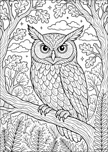 Der Nachtwächter (Ausmalbild von Eulen)