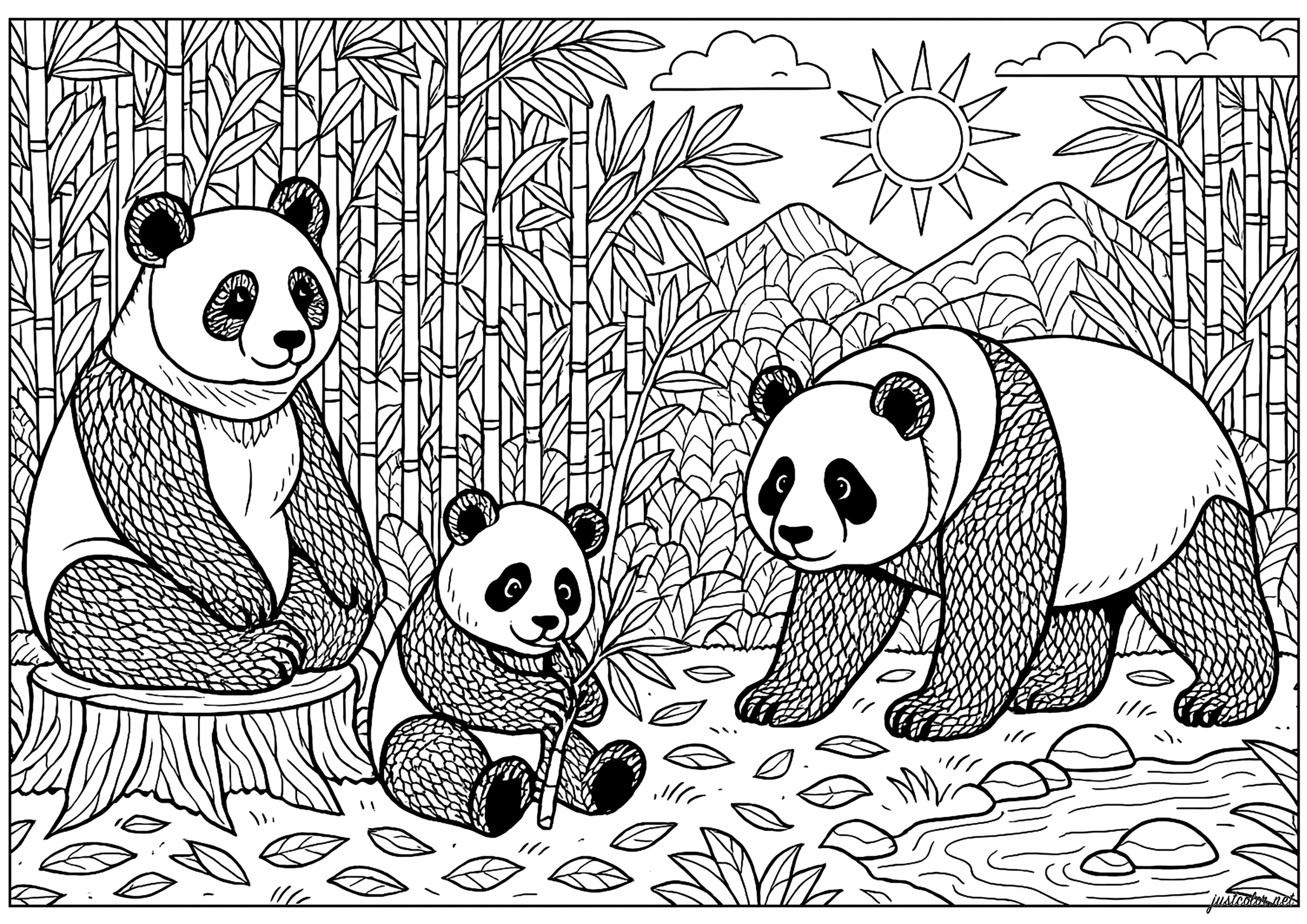 Familie von Pandas in einem Bambushain (Ausmalbild zum Ausdrucken und Ausmalen für Erwachsene)