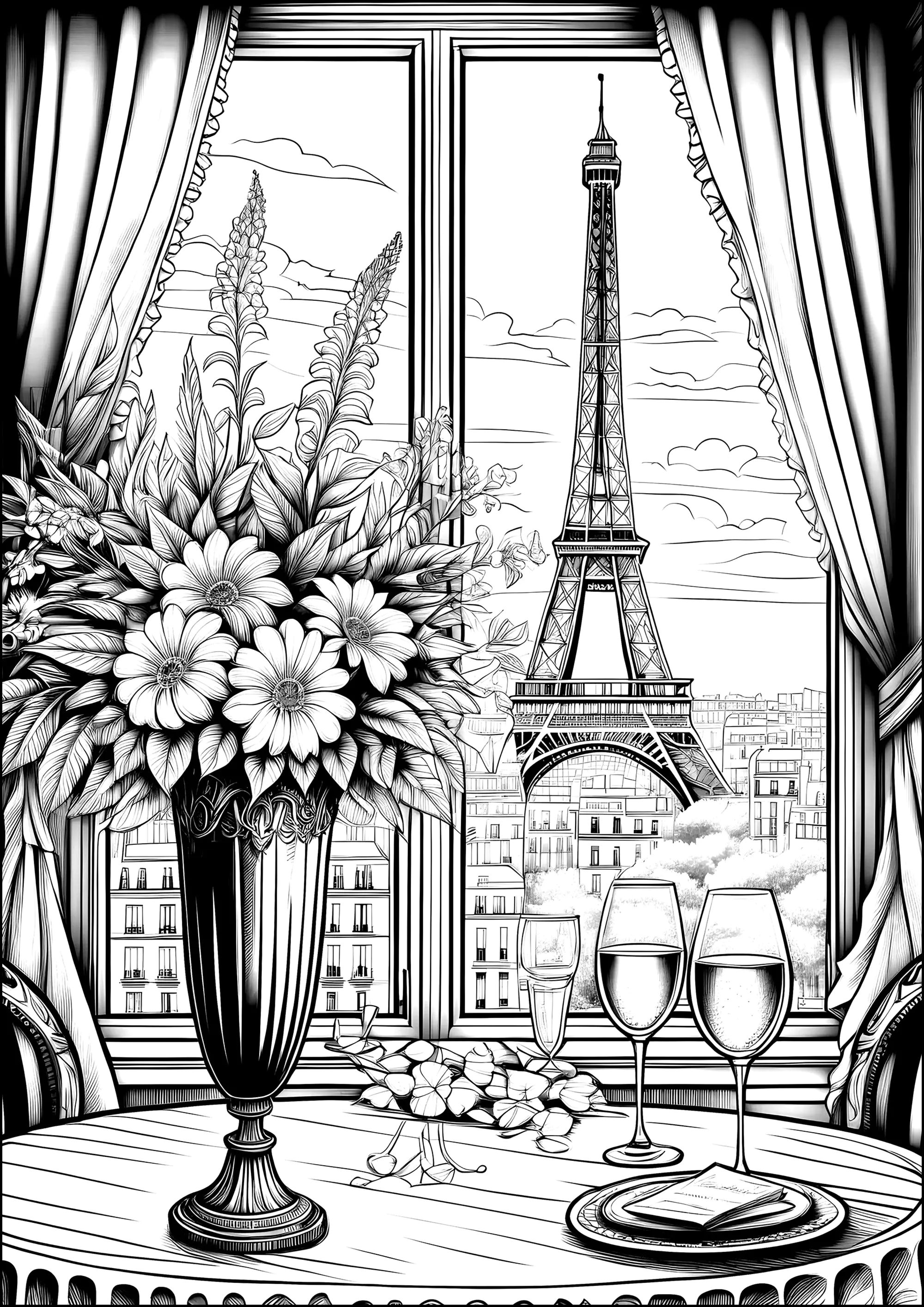 Fenster zu Paris: Champagner und der Eiffelturm (Ausmalbild zum Ausdrucken und Ausmalen für Erwachsene)