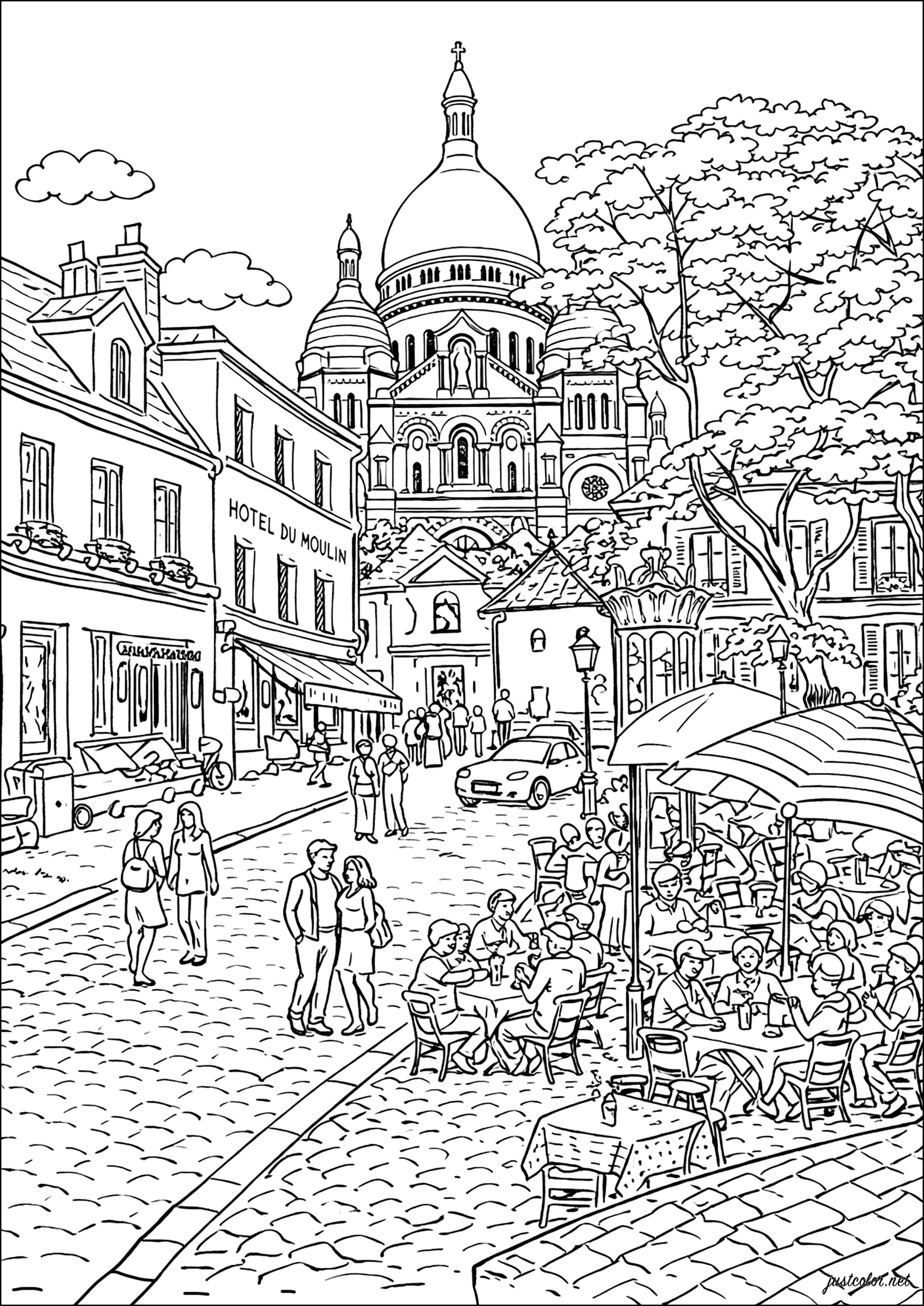 Sommerleben auf Montmartre (Ausmalbild von Paris zum Ausdrucken und Ausmalen für Erwachsene)