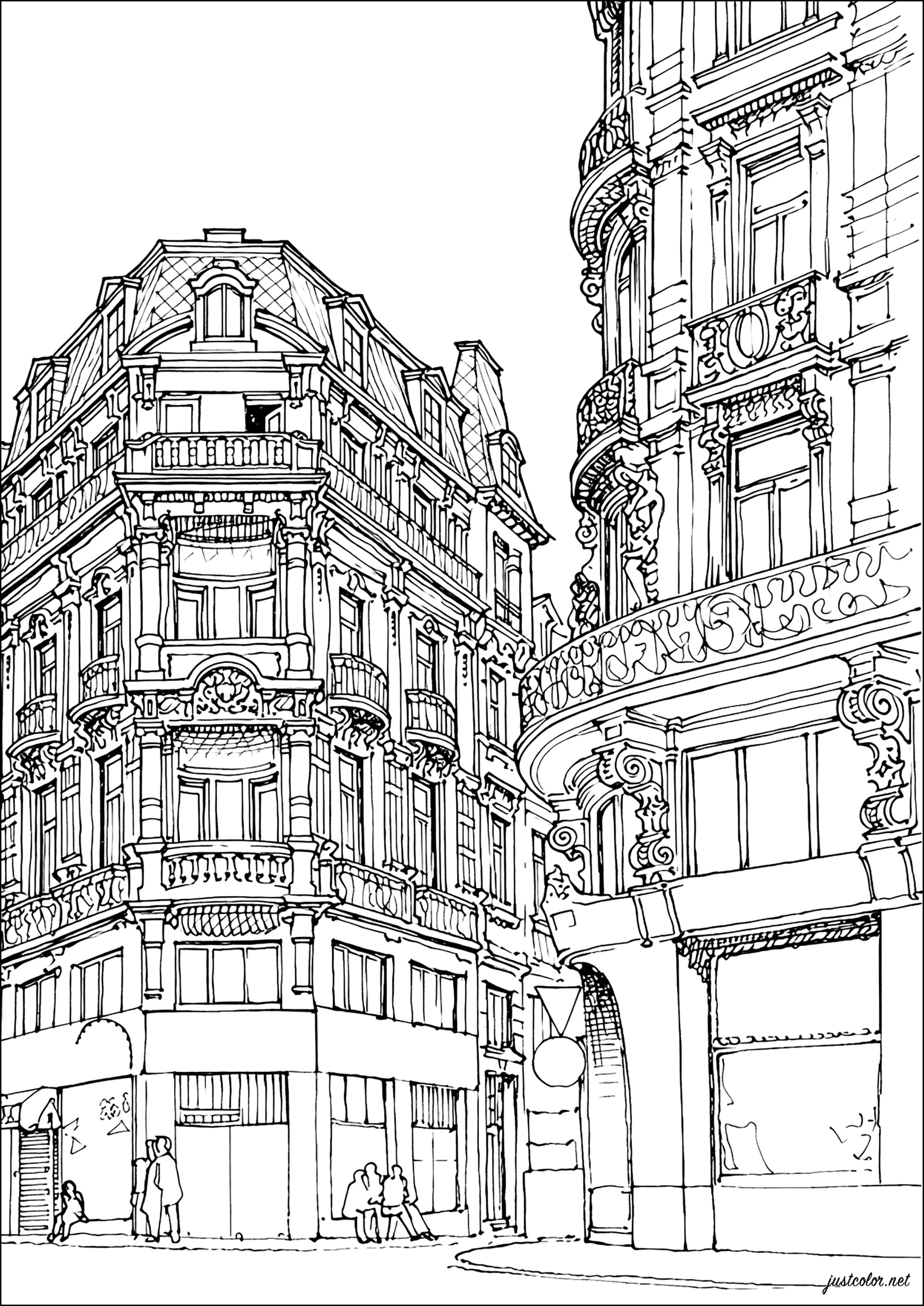 Haussmann-Architektur (Ausmalbild von Paris zum Ausdrucken und Ausmalen für Erwachsene)