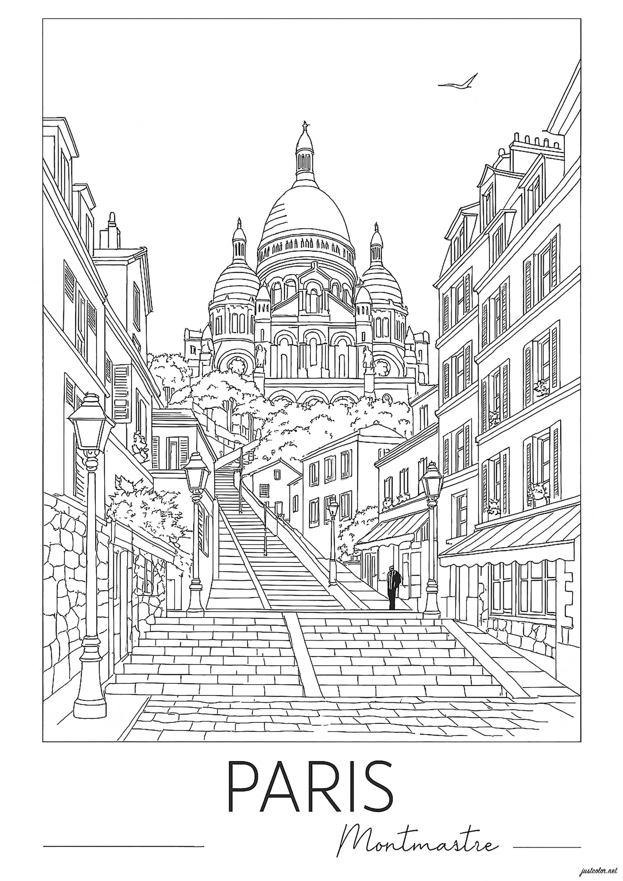 Das Viertel Montmartre mit der Basilika Sacré-Coeur (Ausmalbild von Paris zum Ausdrucken und Ausmalen für Erwachsene)