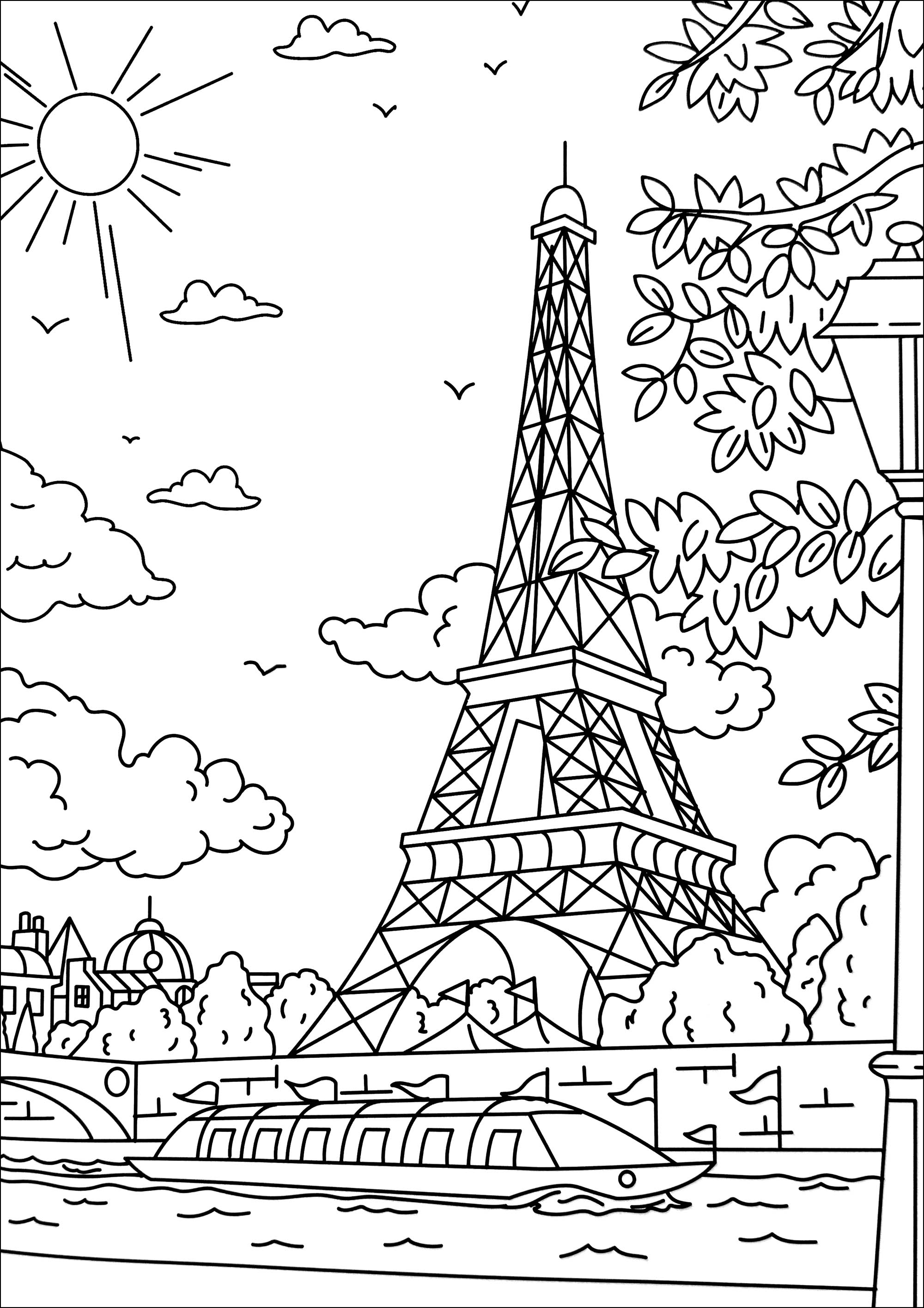 Der Eiffelturm am Ufer der Seine (Ausmalbild von Paris zum Ausdrucken und Ausmalen für Erwachsene)