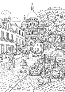 Sommerleben auf Montmartre (Ausmalbild von Paris)