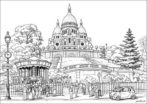 Panoramablick auf Montmartre und die Basilika Sacré-Cœur von Paris (Ausmalbild)