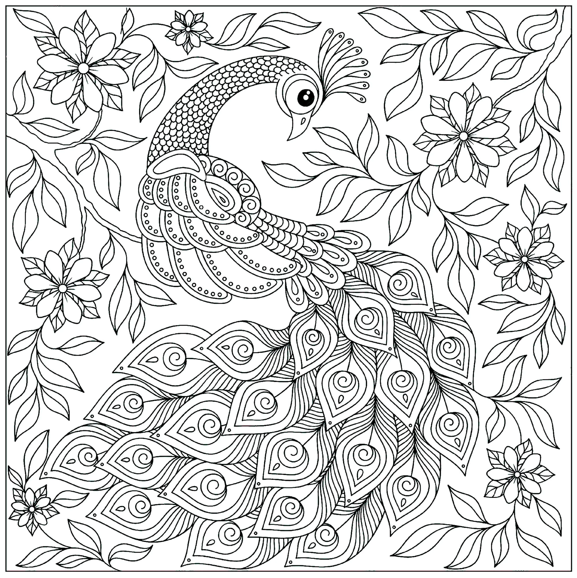 Pfau inmitten der Blumen (Ausmalbild von Pfauen zum Ausdrucken und Ausmalen für Erwachsene)