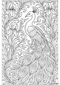 Majestischer Jugendstil-Pfau (Ausmalbild von Pfauen)