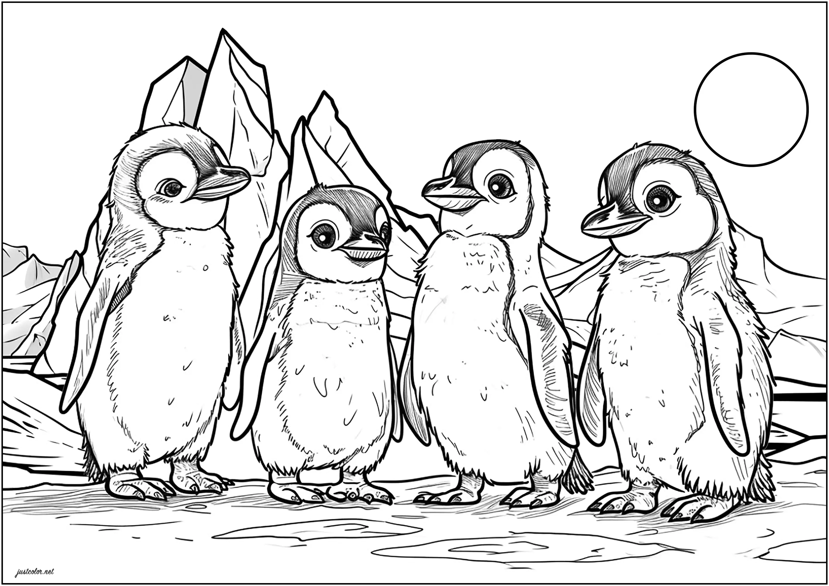 Vier kleine Pinguine auf der Eisscholle (Ausmalbild zum Ausdrucken und Ausmalen für Erwachsene)