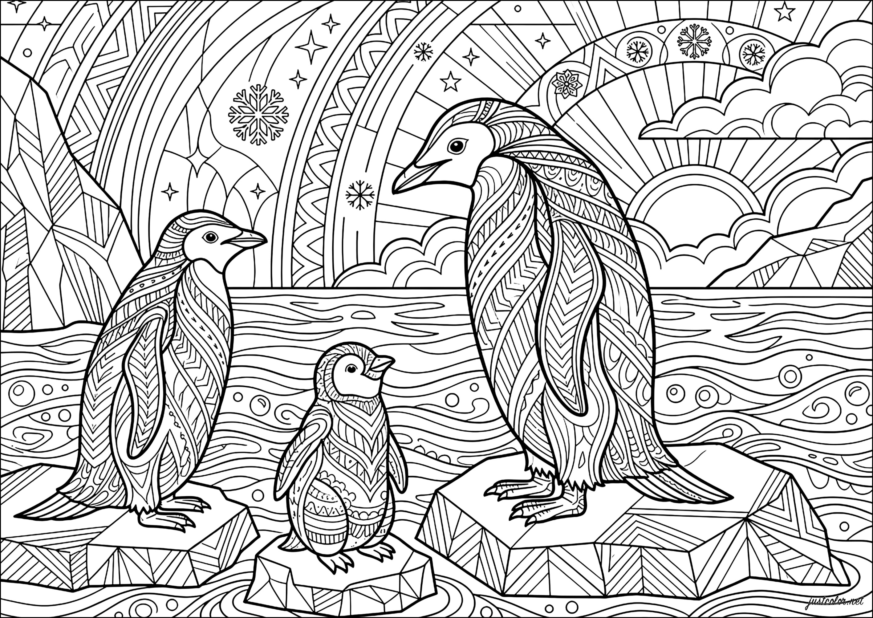 Polar-Trio auf der Eisscholle (Ausmalbild von Pinguine zum Ausdrucken und Ausmalen für Erwachsene)