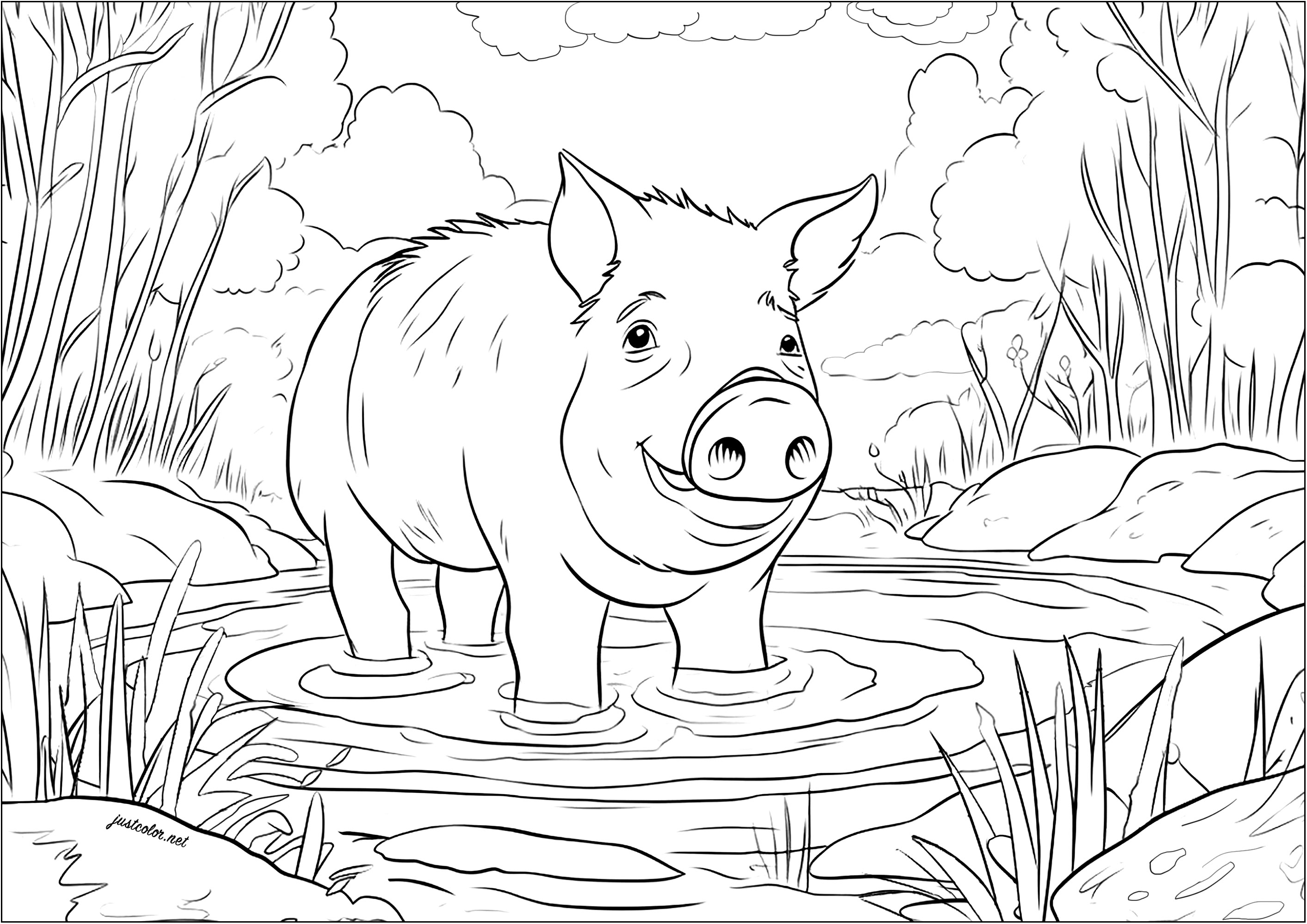 Schwein in einer Schlammpfütze. Färbe dieses niedliche Schwein, das sich freut, seine Pfoten einzutauchen und sich in diesem schlammigen Pool abzukühlen