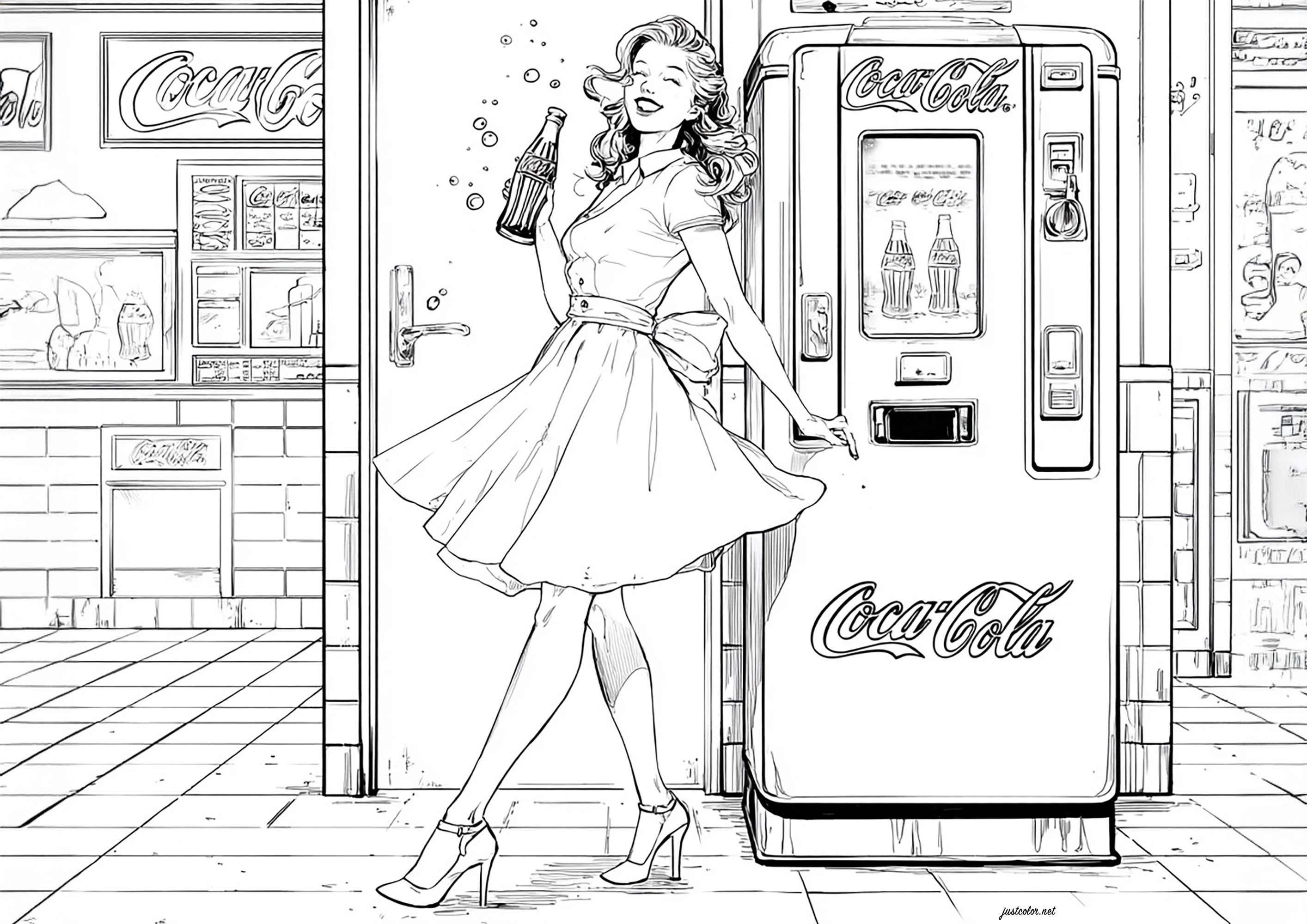 Pinup50s-47799 (Ausmalbild von 1950s Pin Up zum Ausdrucken und Ausmalen für Erwachsene)