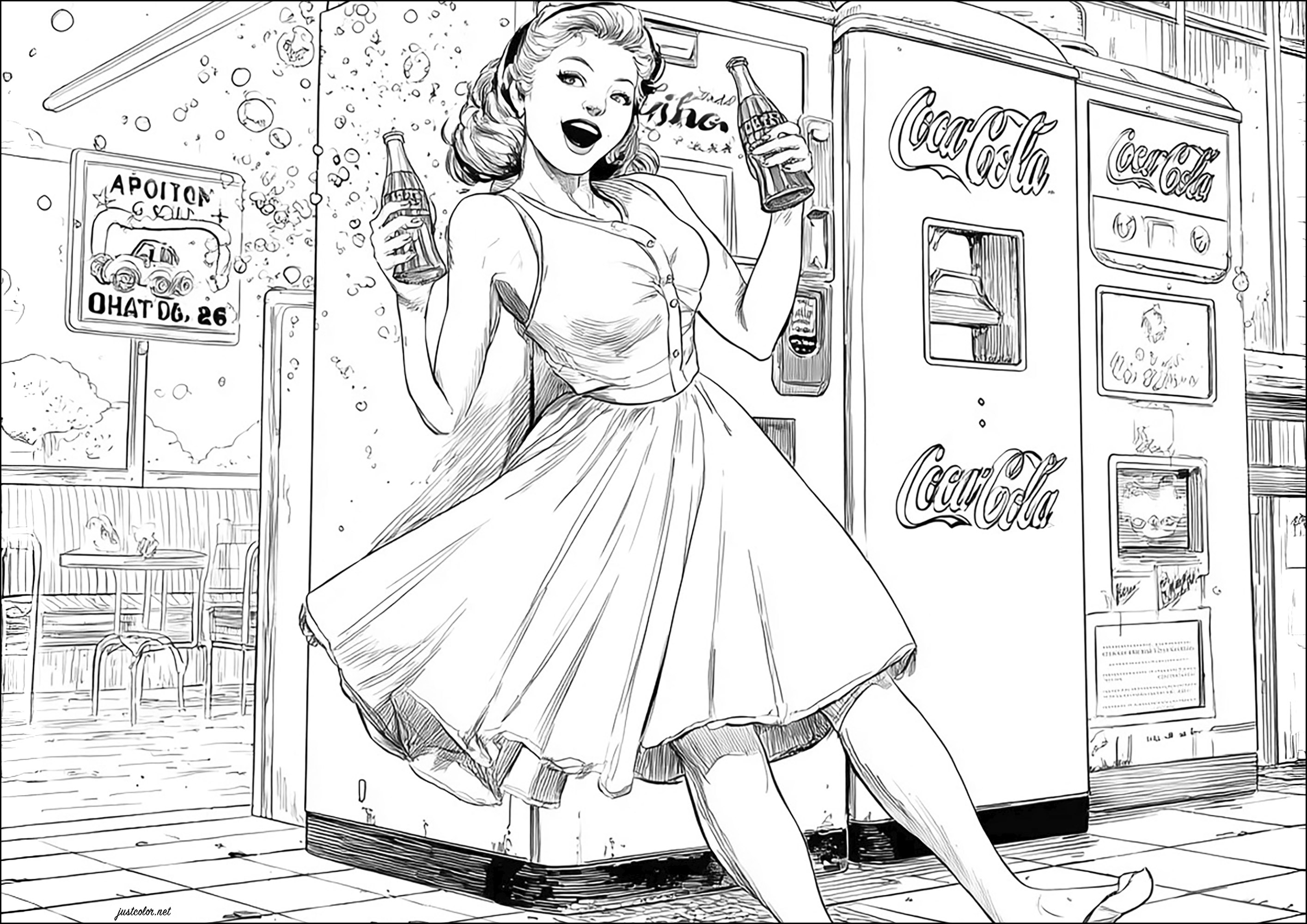 Zeichnung inspiriert von einer Coca-Cola-Werbung (Ausmalbild von 1950s Pin Up zum Ausdrucken und Ausmalen für Erwachsene)