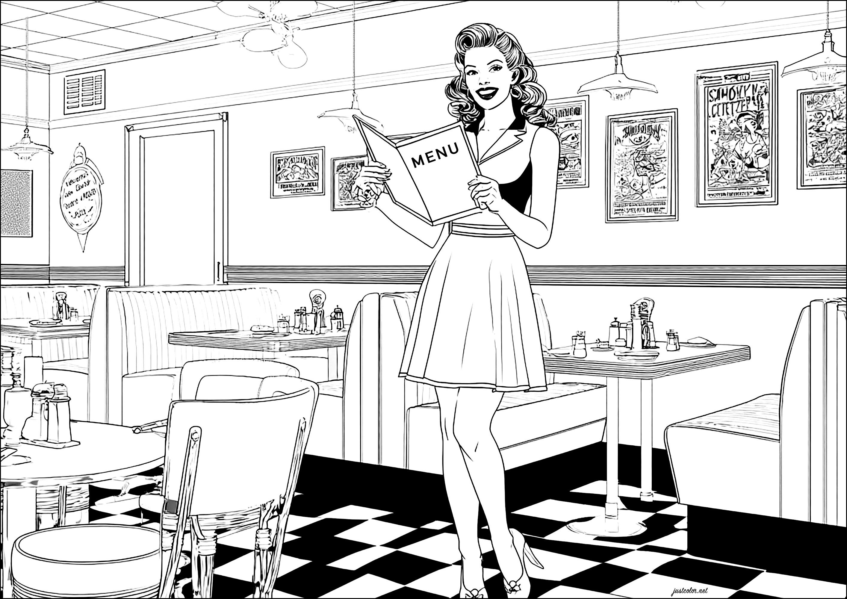 Amerikanisches Abendessen (Ausmalbild von 1950s Pin Up zum Ausdrucken und Ausmalen für Erwachsene)