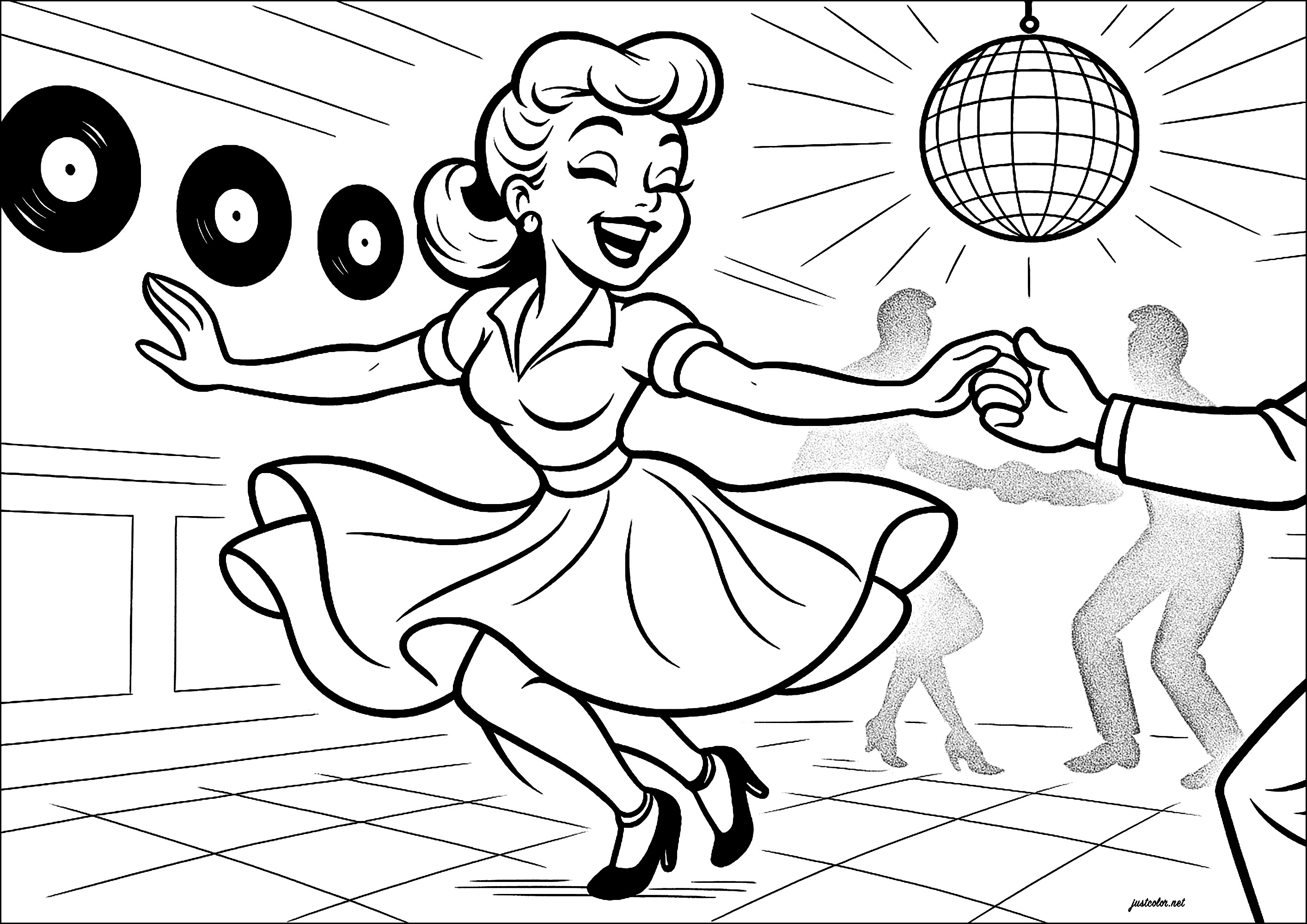 Junges Mädchen tanzt in den 50ern (Ausmalbild von Pin-up der 50er Jahre zum Ausdrucken und Ausmalen für Erwachsene)