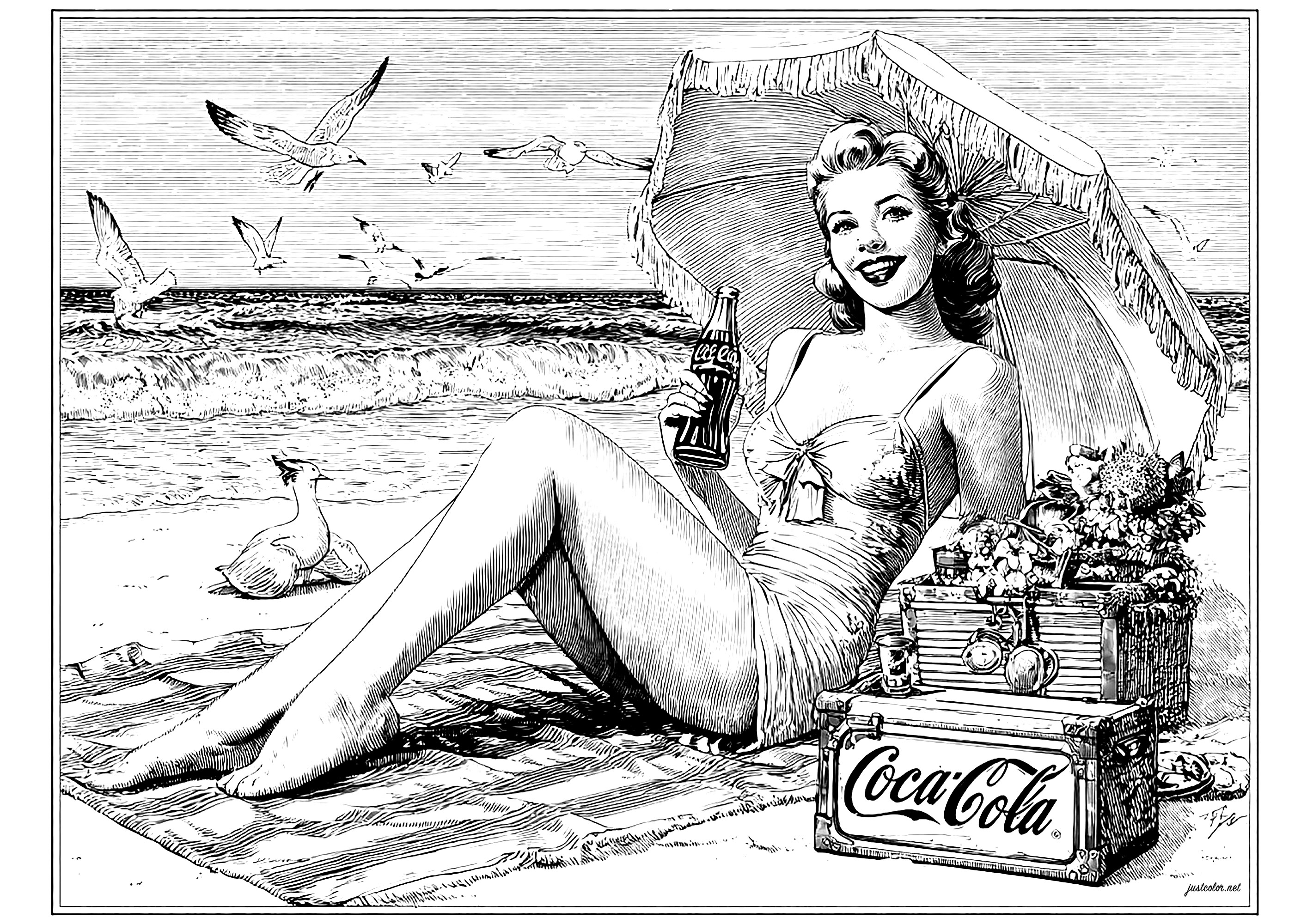 Junge Frau am Strand trinkt Coca-Cola (Ausmalbild von Pin-up der 50er Jahre zum Ausdrucken und Ausmalen für Erwachsene)
