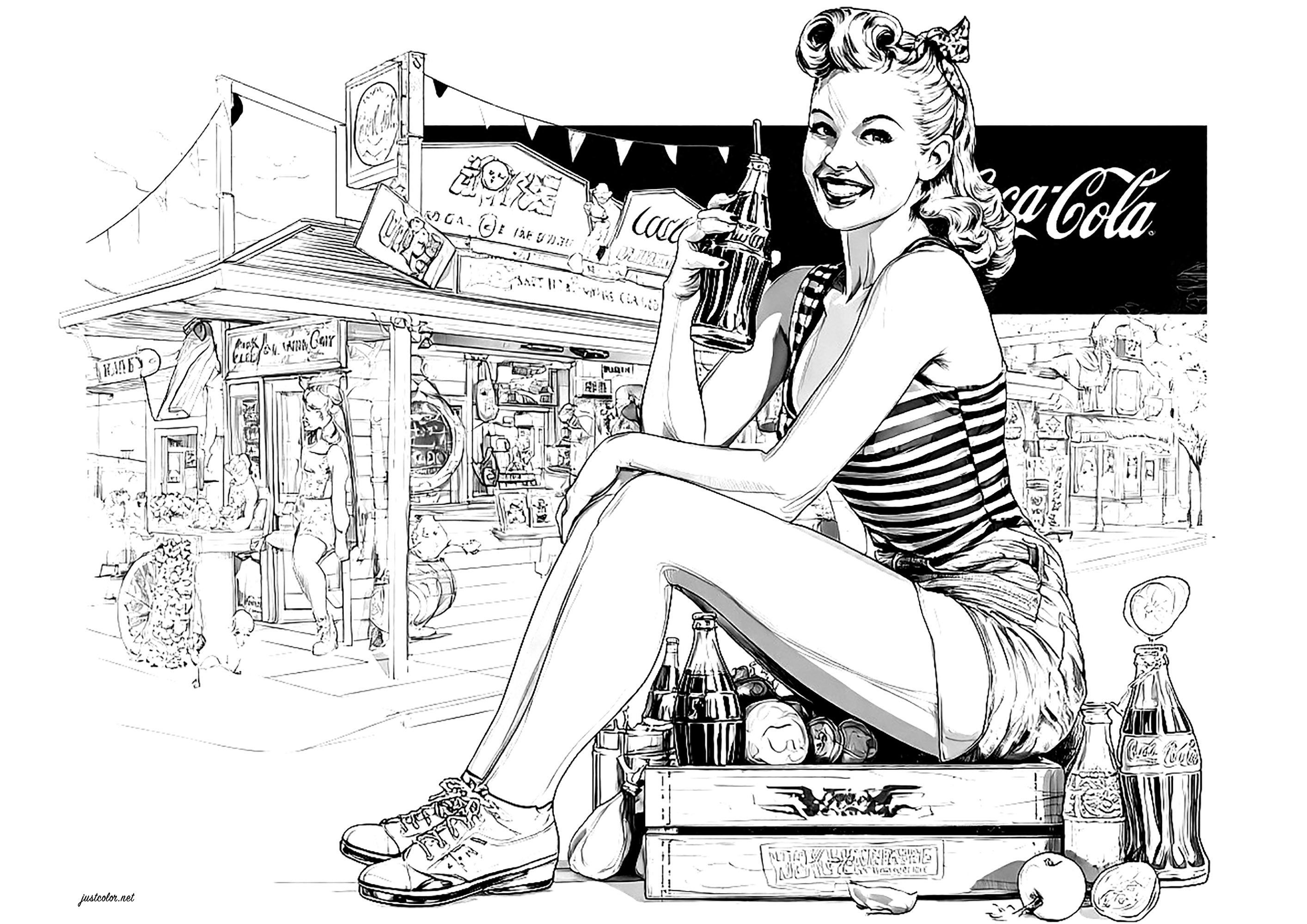 50er-Jahre-Stil Coca-Cola-Werbung (Ausmalbild von Pin-up der 50er Jahre zum Ausdrucken und Ausmalen für Erwachsene)