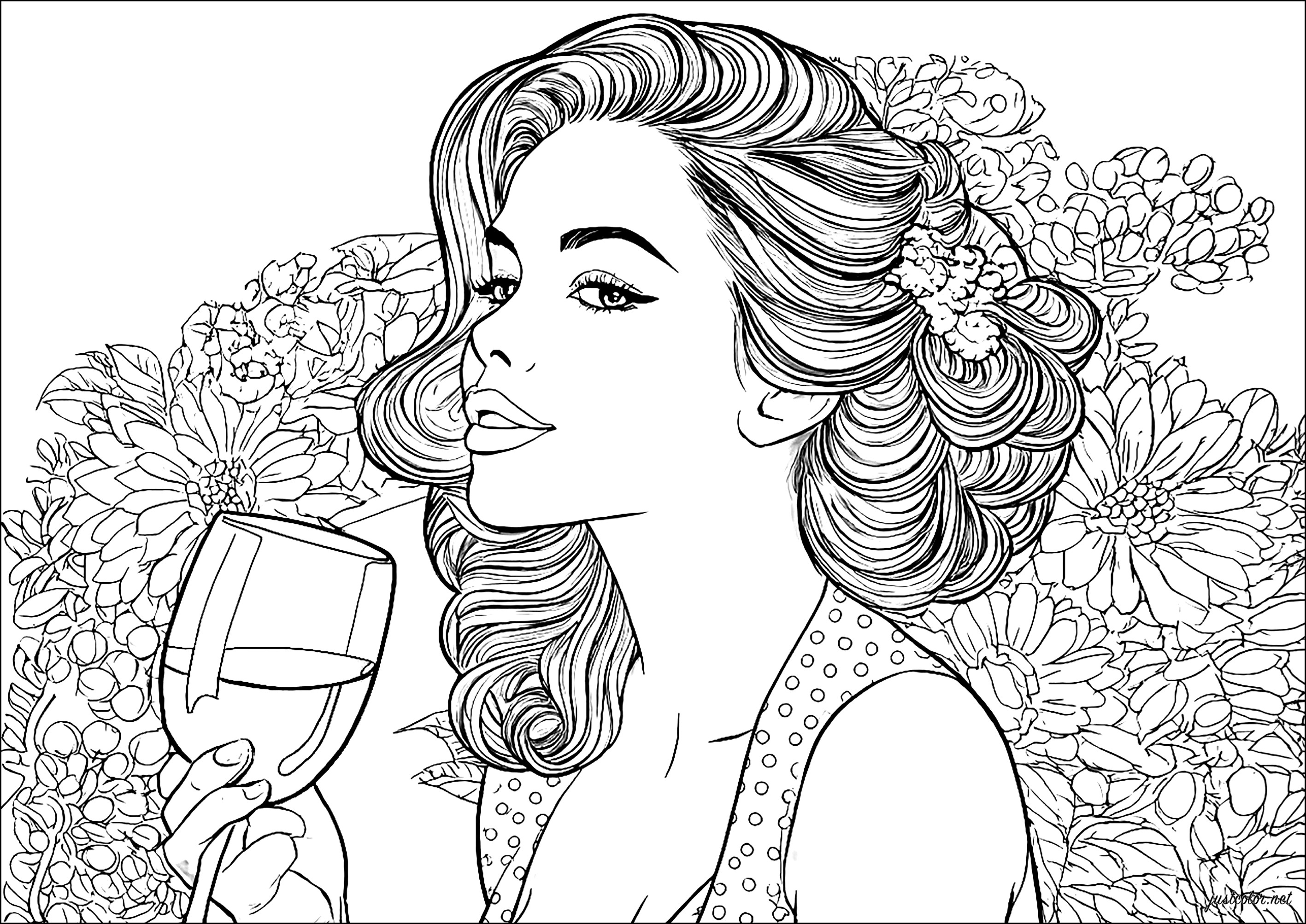 Hübsche Frau und Glas Wein (Ausmalbild von Pin-up der 50er Jahre zum Ausdrucken und Ausmalen für Erwachsene)
