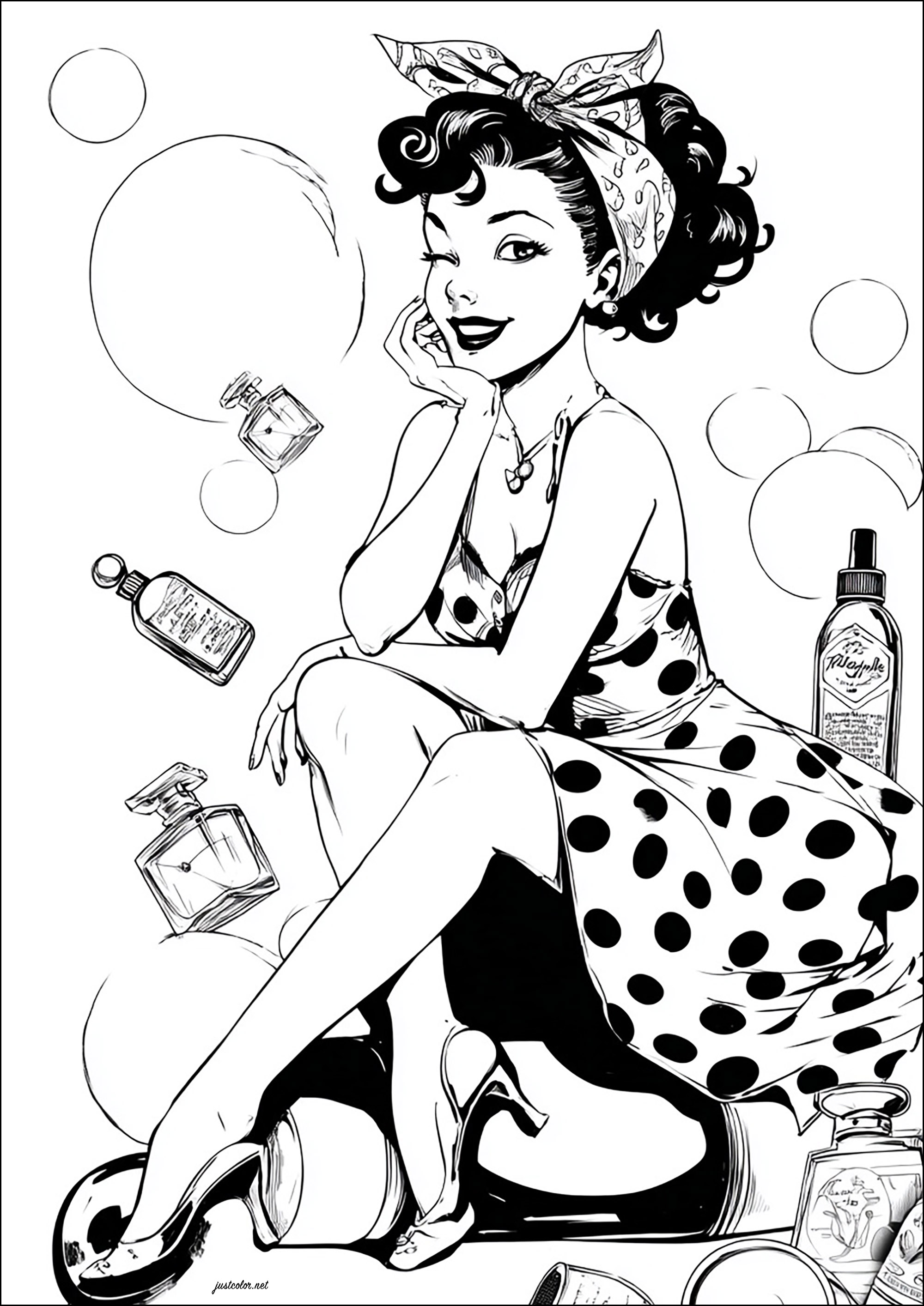 Zeichnung inspiriert von einer Parfümwerbung aus den 1950er Jahren (Ausmalbild von Pin-up der 50er Jahre zum Ausdrucken und Ausmalen für Erwachsene)