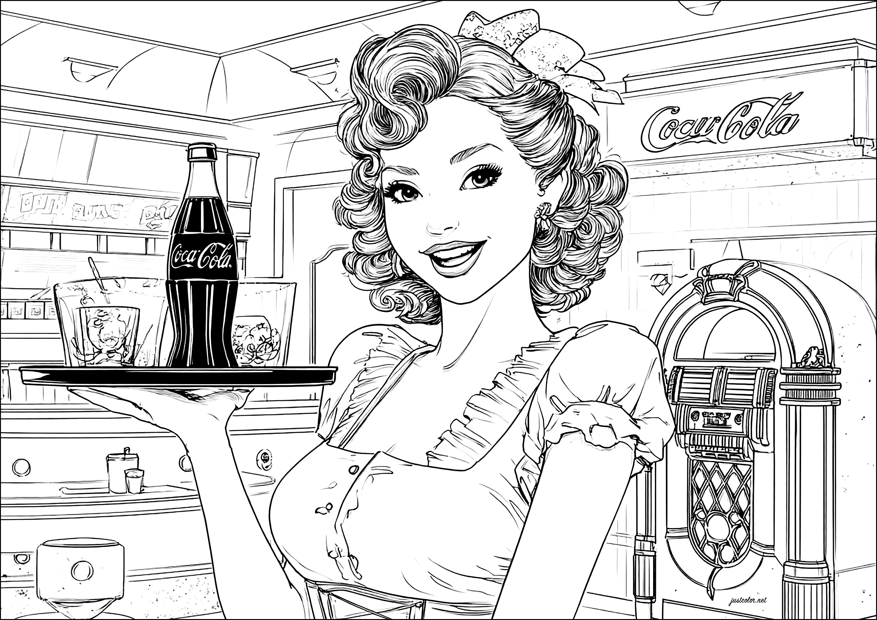 Abendessen Kellnerin holt eine Coca-Cola (Ausmalbild von 1950s Pin Up zum Ausdrucken und Ausmalen für Erwachsene)