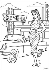 Ausmalbilder von Pin-up der 50er Jahre zum Ausdrucken und Ausmalen für Erwachsene