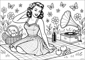 Ausmalbilder von Pin-up der 50er Jahre zum Ausdrucken und Ausmalen für Erwachsene