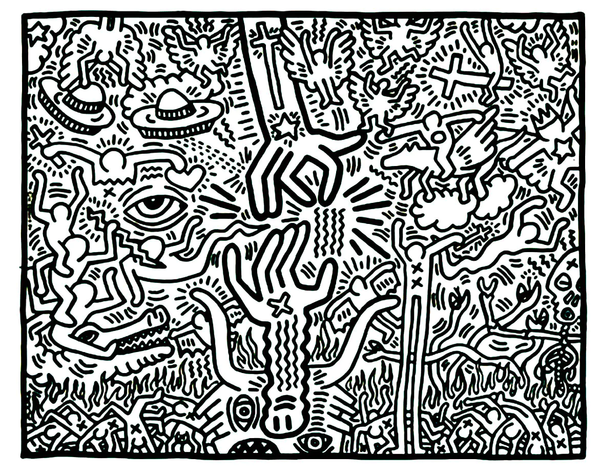 Komplexe Farbgebung, inspiriert durch das Universum von Keith Haring (Ausmalbild von Pop art zum Ausdrucken und Ausmalen für Erwachsene)