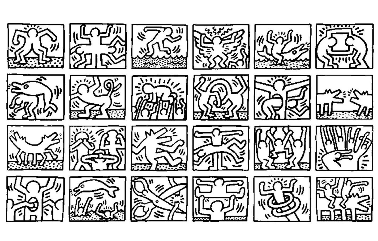 Mosaik aus mehreren Werken von Keith Haring. Wussten Sie schon? Haring begann mit weißer Kreide auf leeren schwarzen Plakatwänden (die für Werbung gedacht waren) in U-Bahn-Stationen zu zeichnen. Haring betrachtete sie als freie Leinwand.Fast jeden Tag schuf er diese flüchtigen Zeichnungen, und im Laufe einiger Jahre entstanden Hunderte dieser Werke.