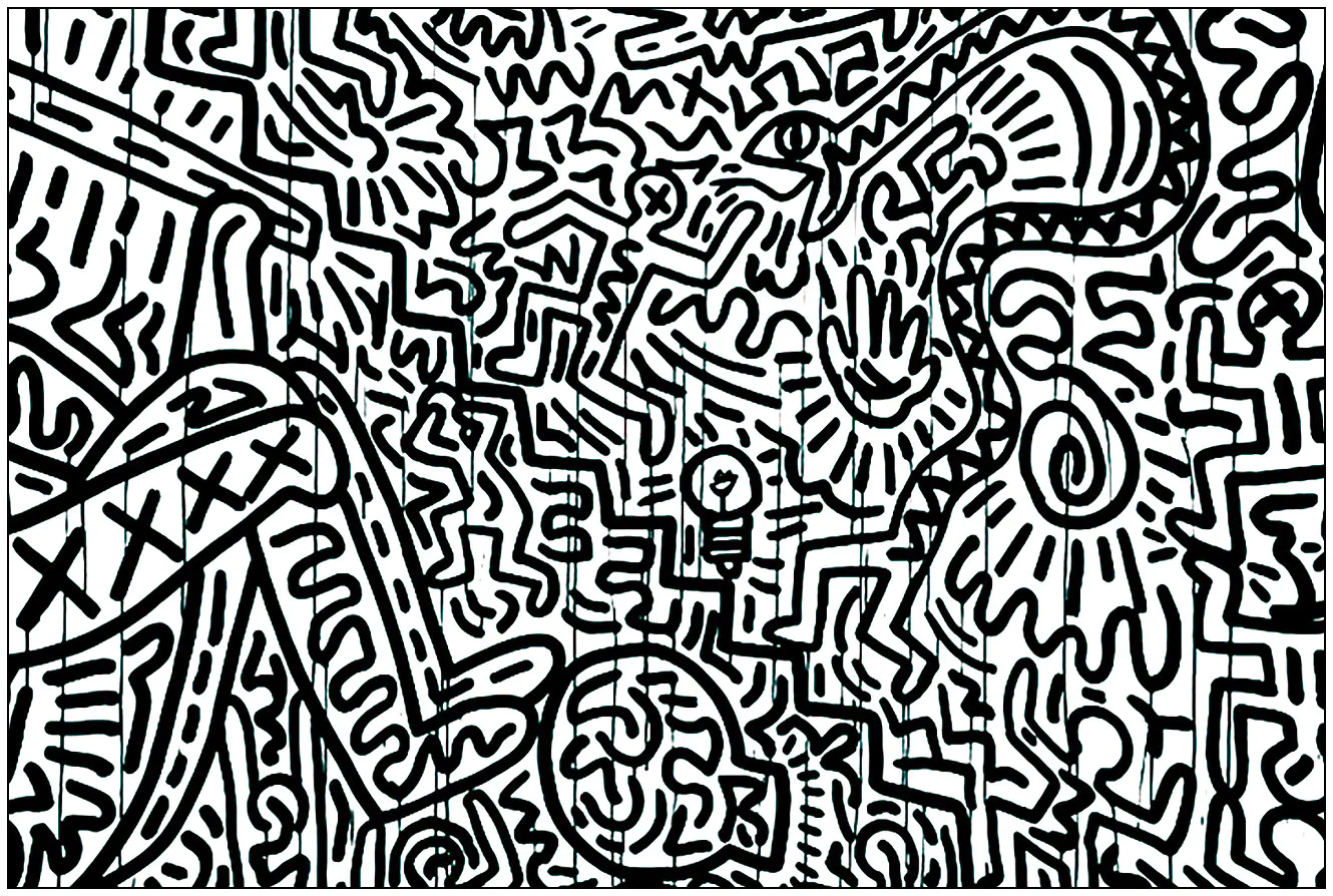 Farbgebung nach einem Gemälde von Keith Haring (Ausmalbild von Pop art zum Ausdrucken und Ausmalen für Erwachsene)