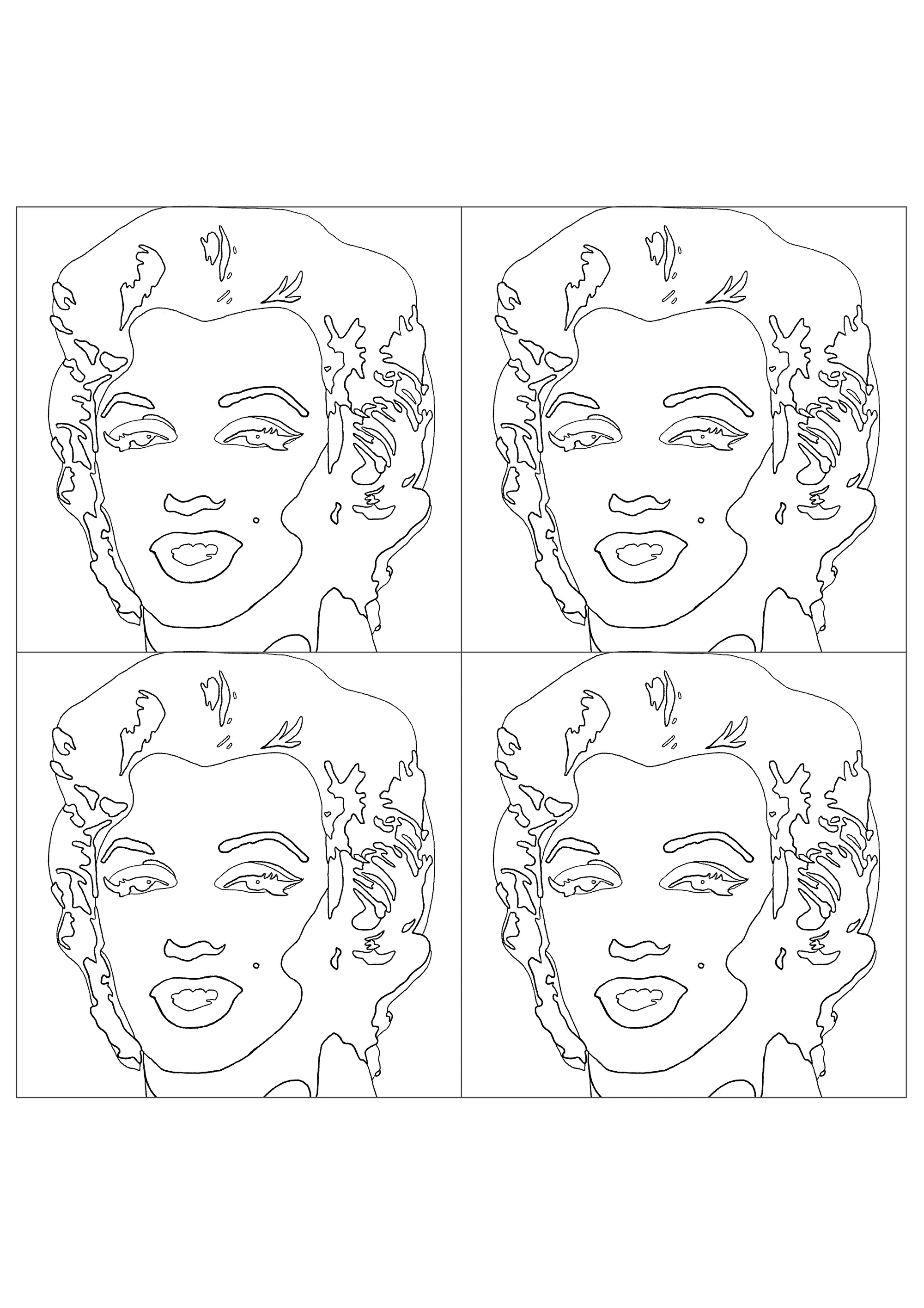 Andy Warhol - Shot Sage Blue Marilyn (Version mit vier Porträts) (Ausmalbild von Pop art zum Ausdrucken und Ausmalen für Erwachsene)