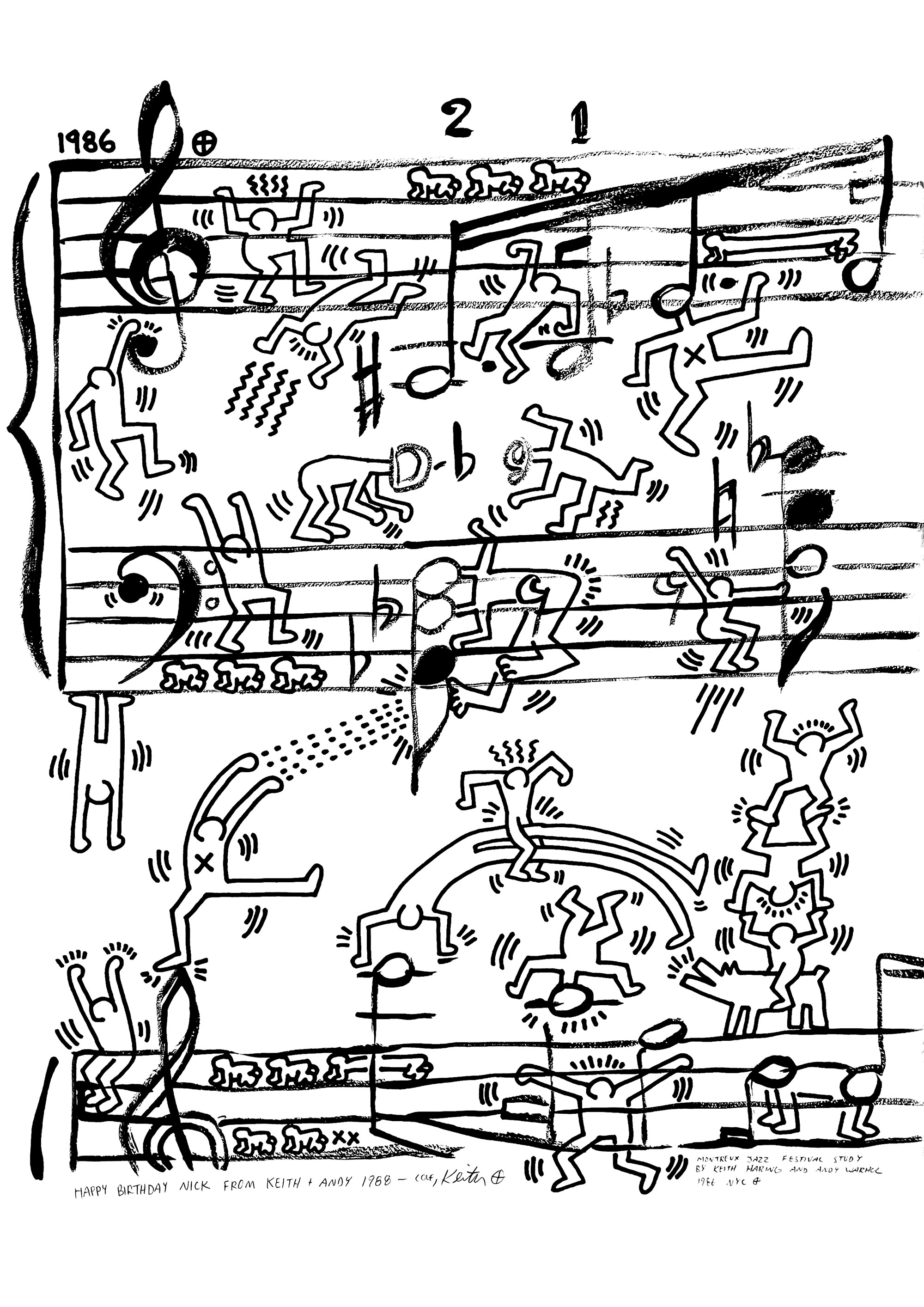 Plakatprojekt für das Montreux Jazz Festival von Andy Warhol und Keith Haring, 1986. Die Freundschaft zwischen Keith Haring und Andy Warhol hat sein Werk tiefgreifend beeinflusst. Nach ihrer ersten Begegnung in der Tony Shafrazi Gallery im Jahr 1984 führte Keith Haring Andy Warhol in die kreative Szene Manhattans ein, ein Umfeld, das den Gründervater der Pop Art während seiner gesamten Karriere inspirierte.