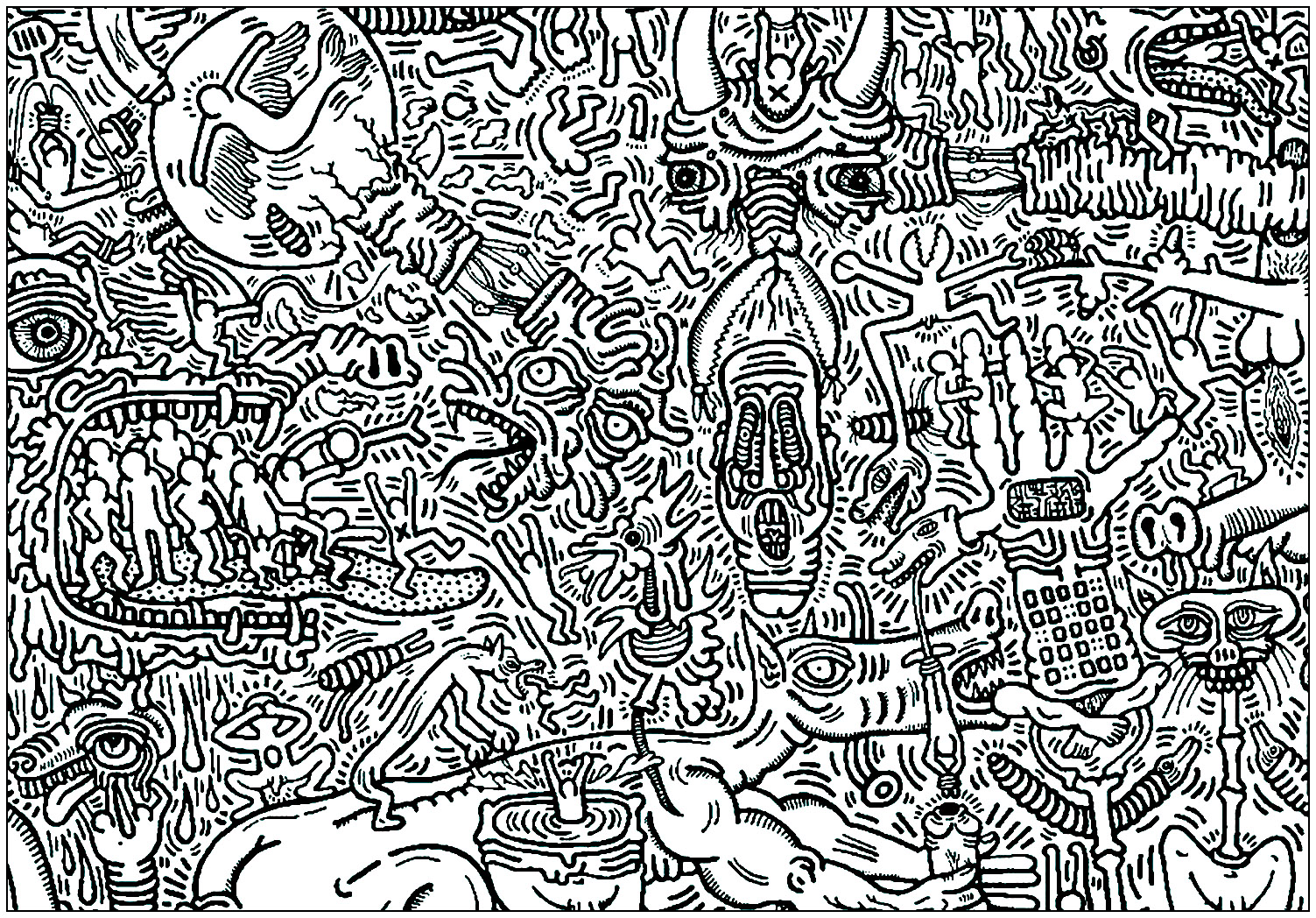 Von Keith Haring inspirierte Fantasiewelt (Ausmalbild von Pop art zum Ausdrucken und Ausmalen für Erwachsene)