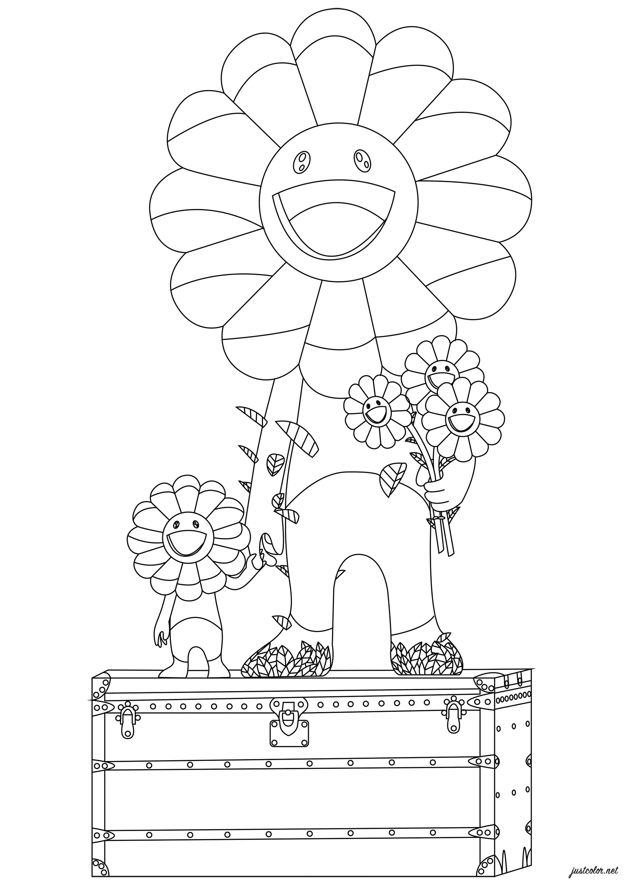 Takashi Murakami - Die Blumeneltern und das Kind (Ausmalbild von Pop art zum Ausdrucken und Ausmalen für Erwachsene)