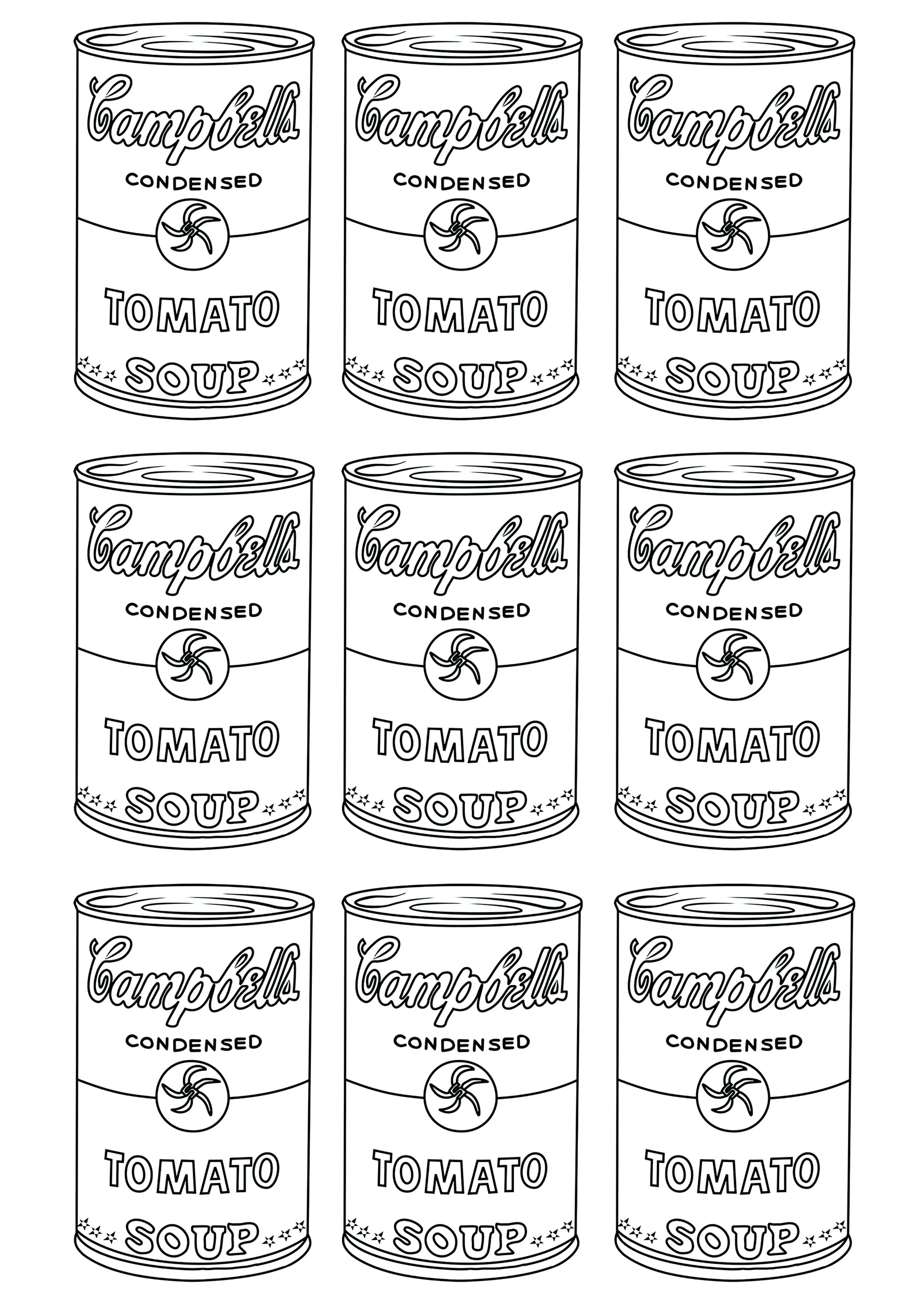 Campbell's-Suppendosen (Ausmalbild von Pop art zum Ausdrucken und Ausmalen für Erwachsene)