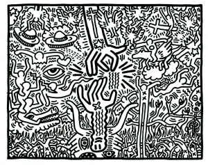 Komplexe Farbgebung, inspiriert durch das Universum von Keith Haring (Ausmalbild von Pop art)