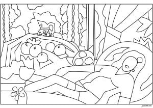 Tom Wesselmann - Akt bei Sonnenuntergang mit Matisse-Äpfeln auf rosa Tischtuch (2003) (Ausmalbild von Pop art)