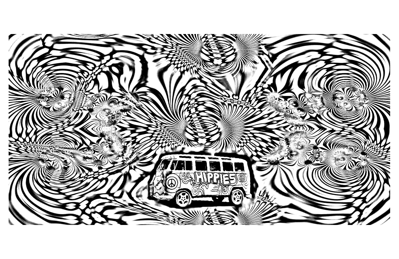 Typischer Bus der 70er Jahre inmitten eines psychedelischen und hypnotischen Himmels