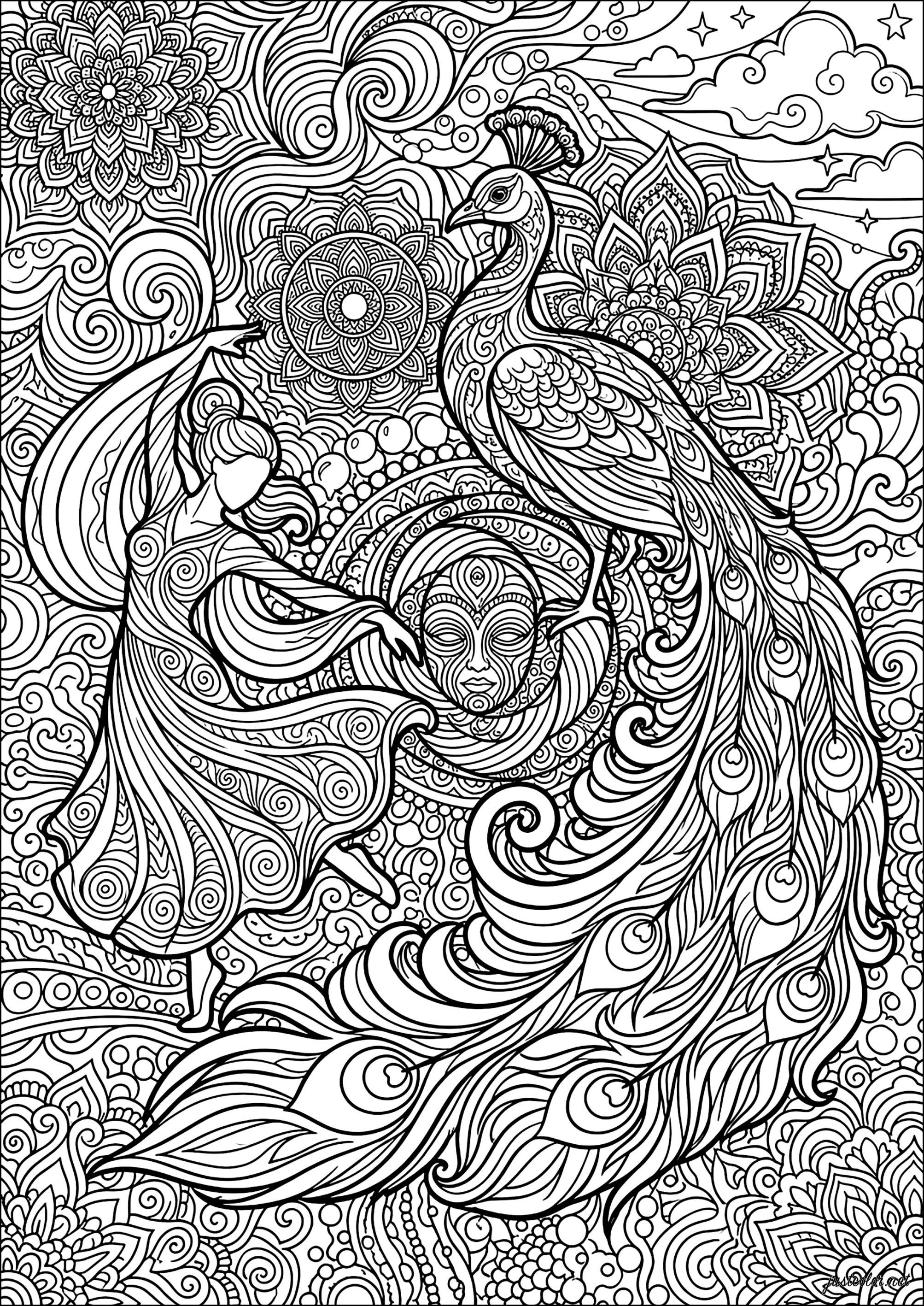 Hypnotischer Tanz & Federn (Ausmalbild Psychedelisch zum Ausdrucken und Ausmalen für Erwachsene)