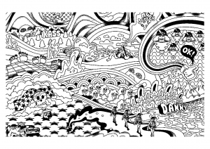 Psychedelische Landschaft und Figuren (Ausmalbild Psychedelisch)
