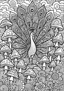 Psychedelischer Pfau umgeben von Pilzen (Ausmalbild Psychedelisch)