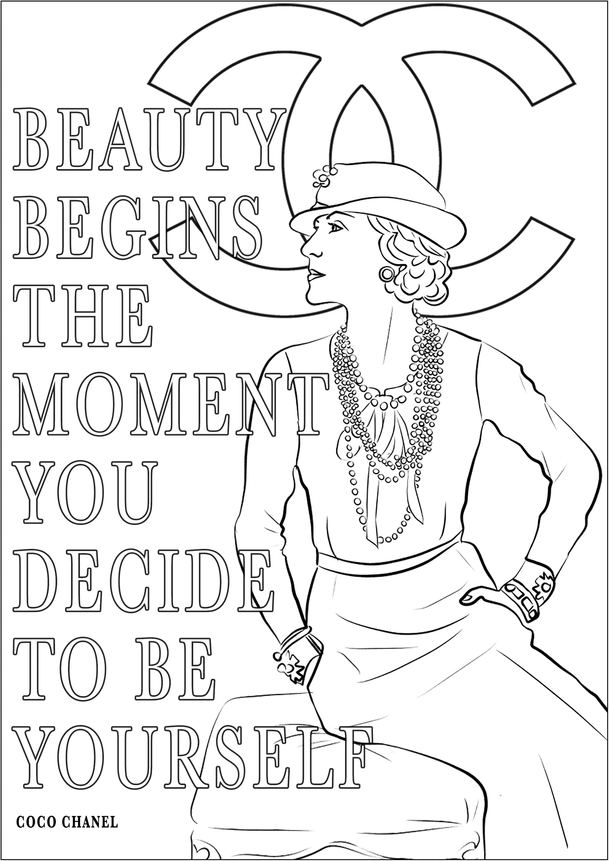 Coco Chanel und sein Zitat "Schönheit beginnt in dem Moment, in dem du dich entscheidest, du selbst zu sein" (Ausmalbild von Zitate zum Ausdrucken und Ausmalen für Erwachsene)