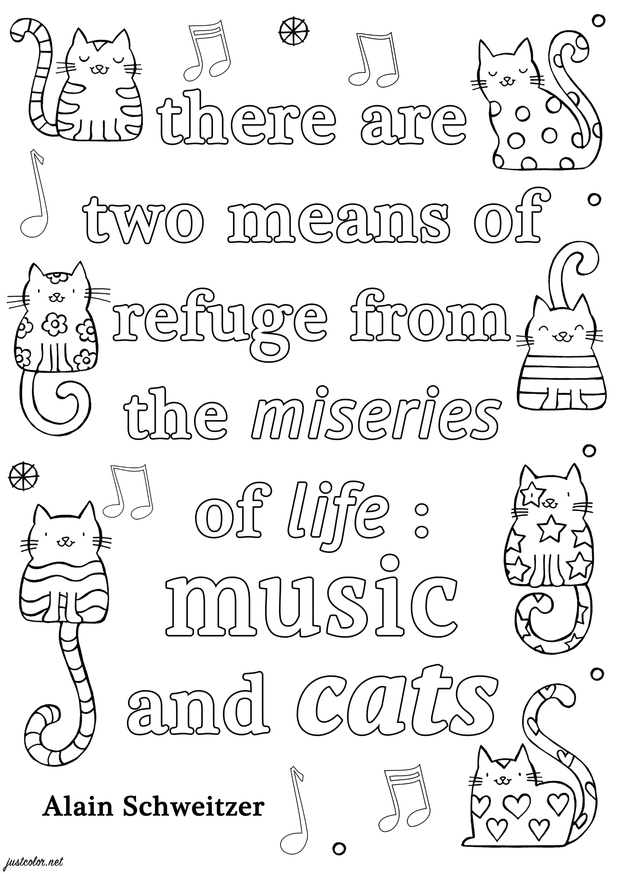 Es gibt zwei Zufluchtsorte vor dem Elend des Lebens: Musik und Katzen. (Ausmalbild von Zitate zum Ausdrucken und Ausmalen für Erwachsene)