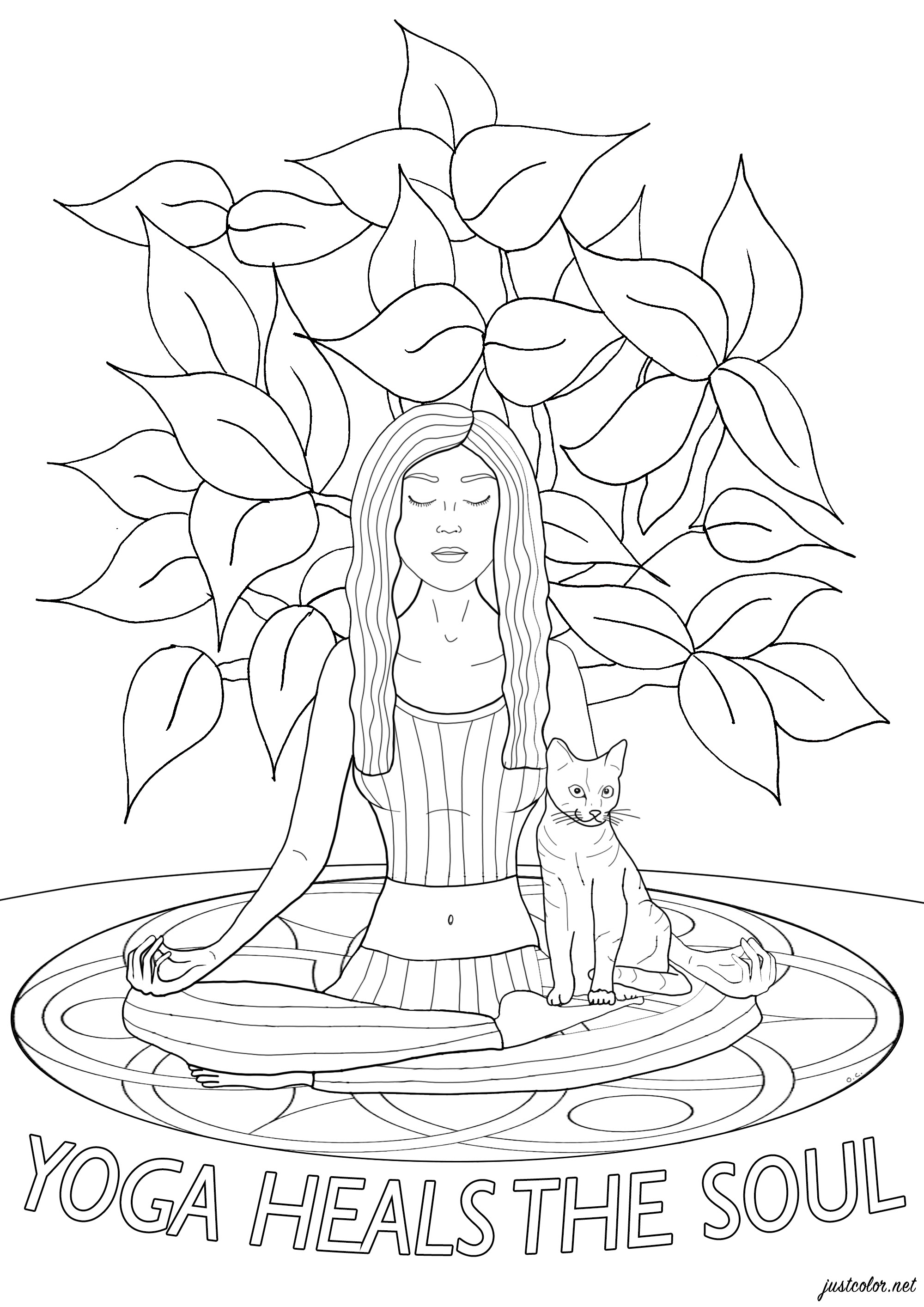 Frau, die mit ihrer Katze Yoga übt, mit dem Text 'Yoga heilt die Seele'.