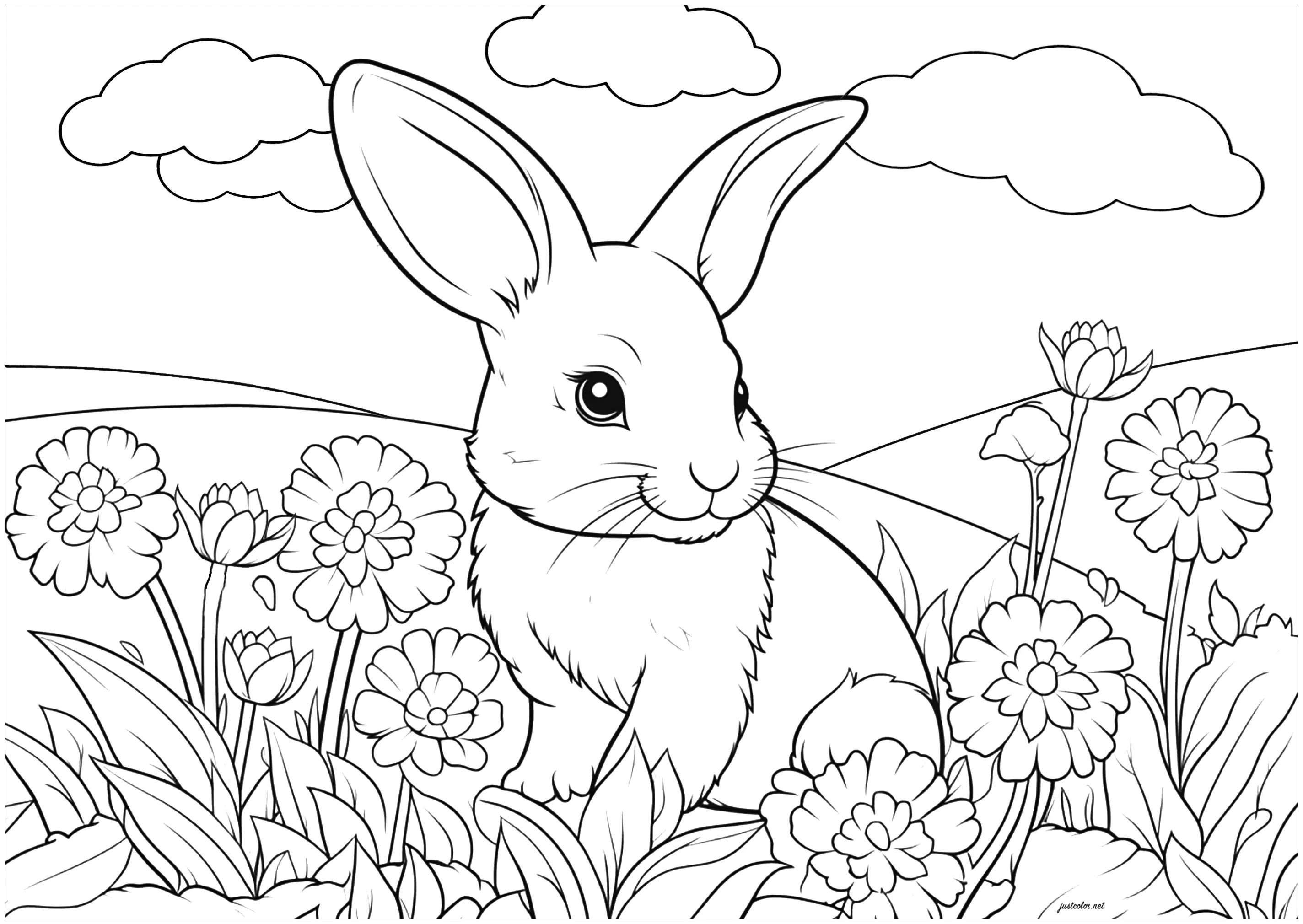 Kaninchen und schöne Blumen (Ausmalbild zum Ausdrucken und Ausmalen für Erwachsene)