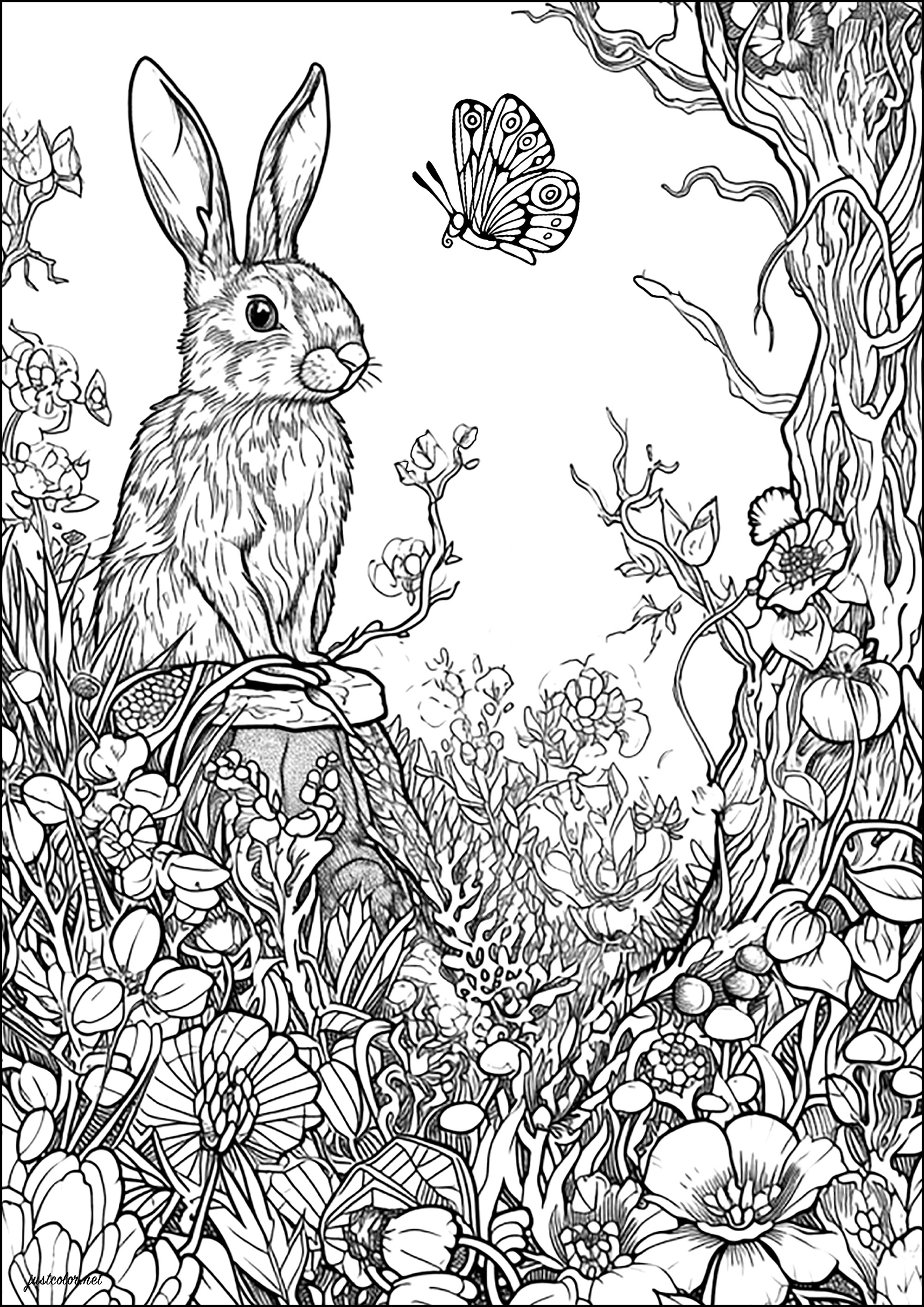Das Kaninchen und der Schmetterling. Male dieses schöne Kaninchen und den Schmetterling, mit dem es sich zu unterhalten scheint, sowie die vielen Blumen, die sie in diesem verzauberten Wald umgeben, aus.