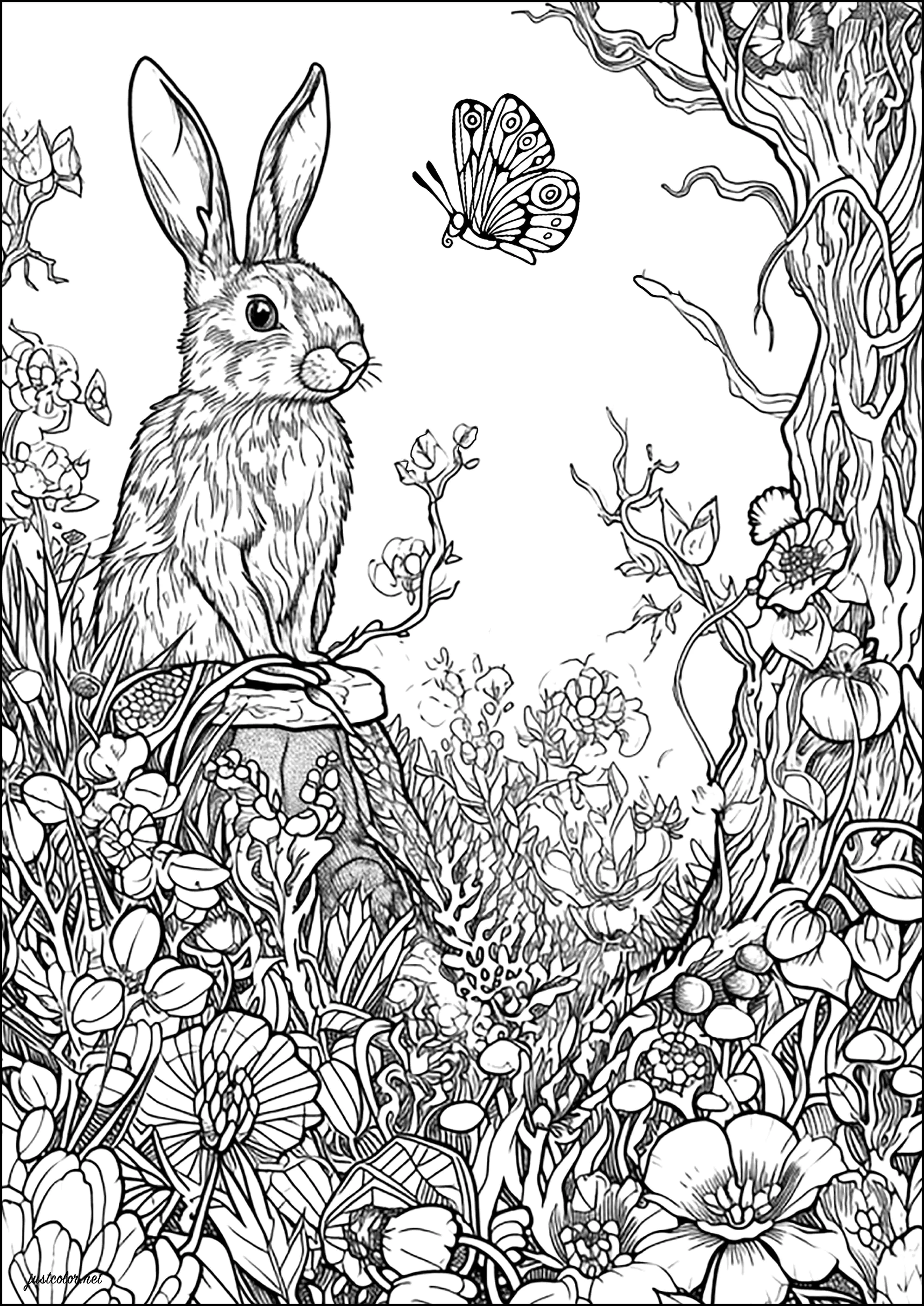 Das Kaninchen und der Schmetterling (Ausmalbild zum Ausdrucken und Ausmalen für Erwachsene)
