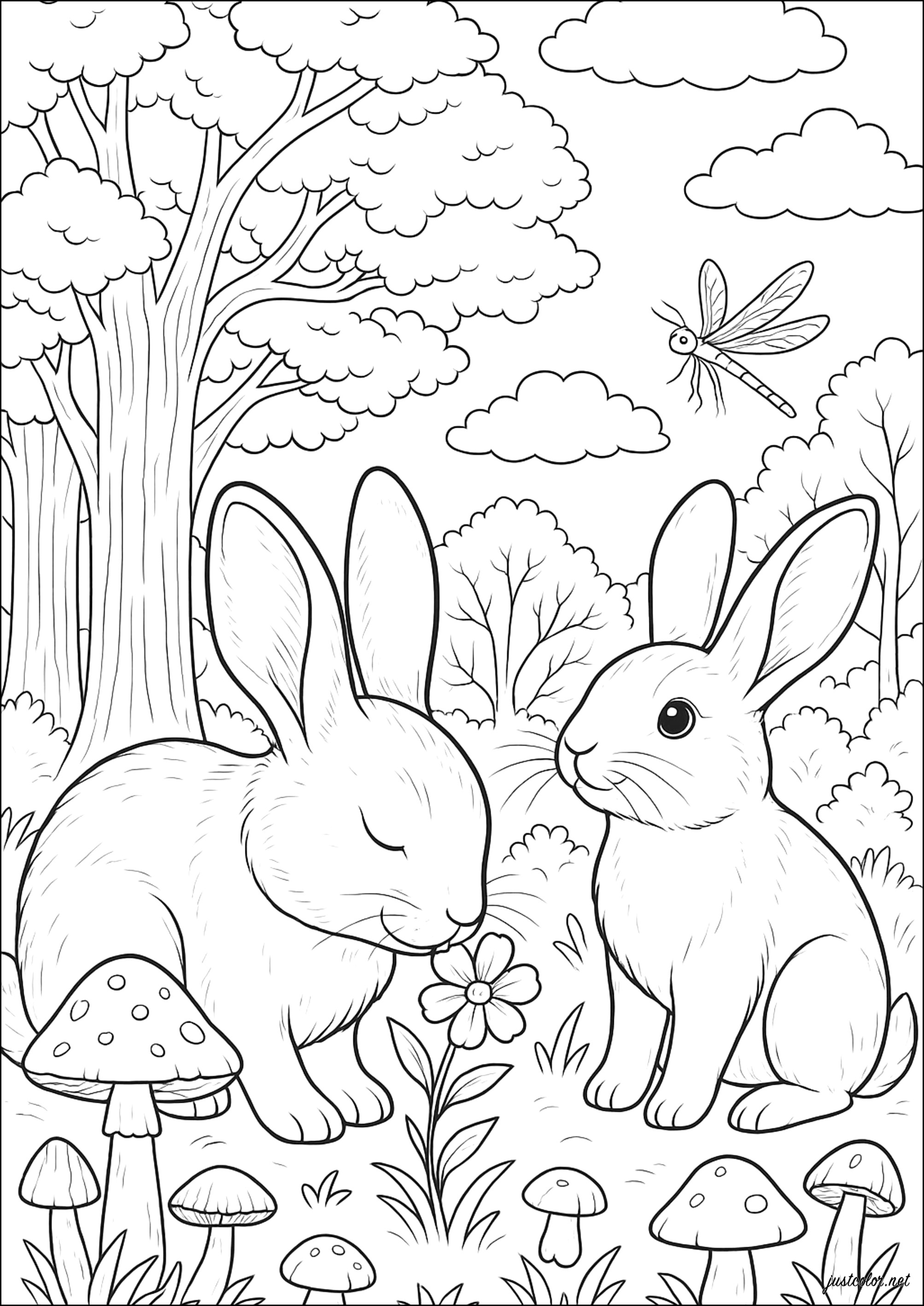 Eine sylvanische Begegnung (Ausmalbild von Kaninchen zum Ausdrucken und Ausmalen für Erwachsene)