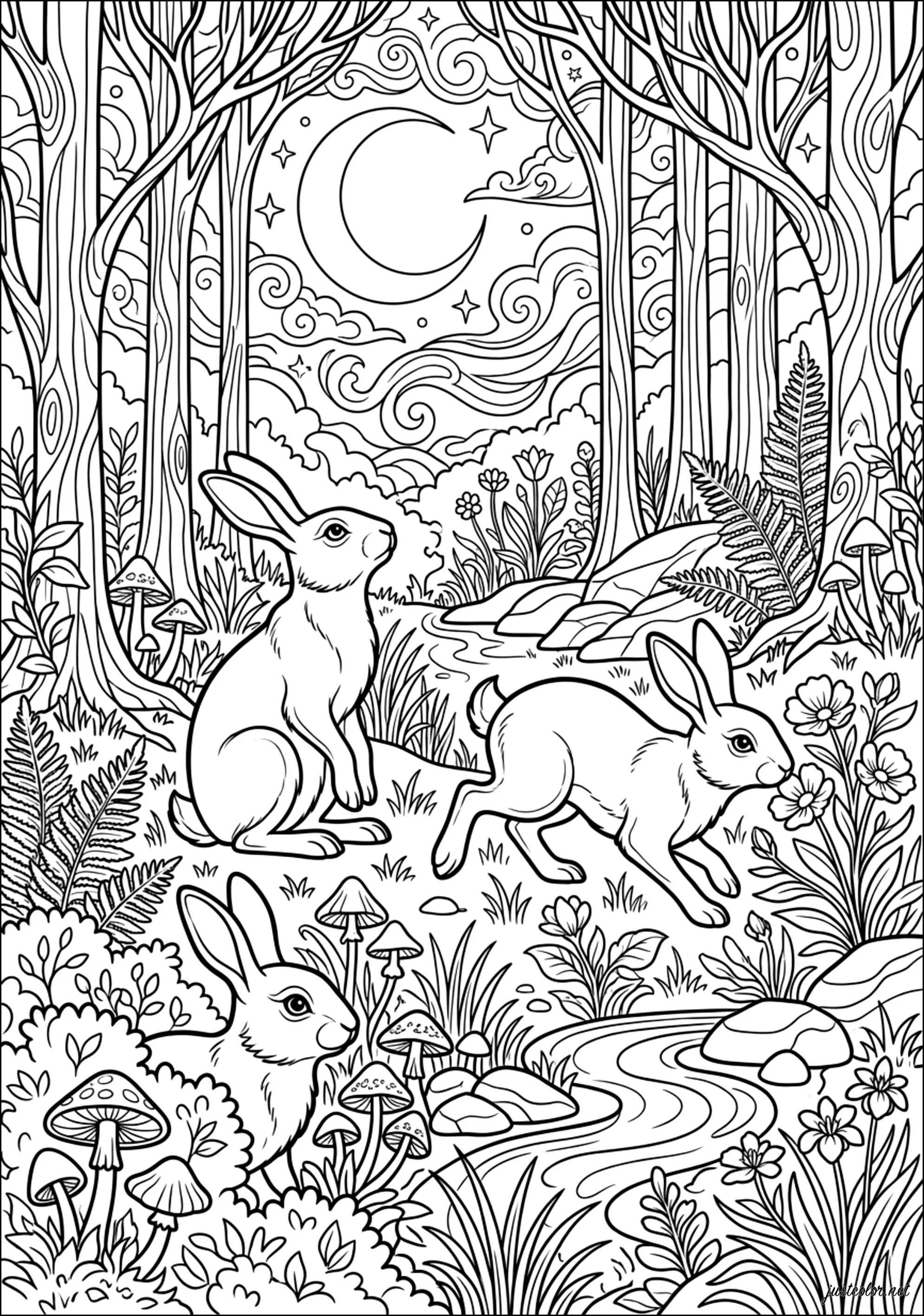 Kaninchen in einem Wald mit einem Bach (Ausmalbild zum Ausdrucken und Ausmalen für Erwachsene)