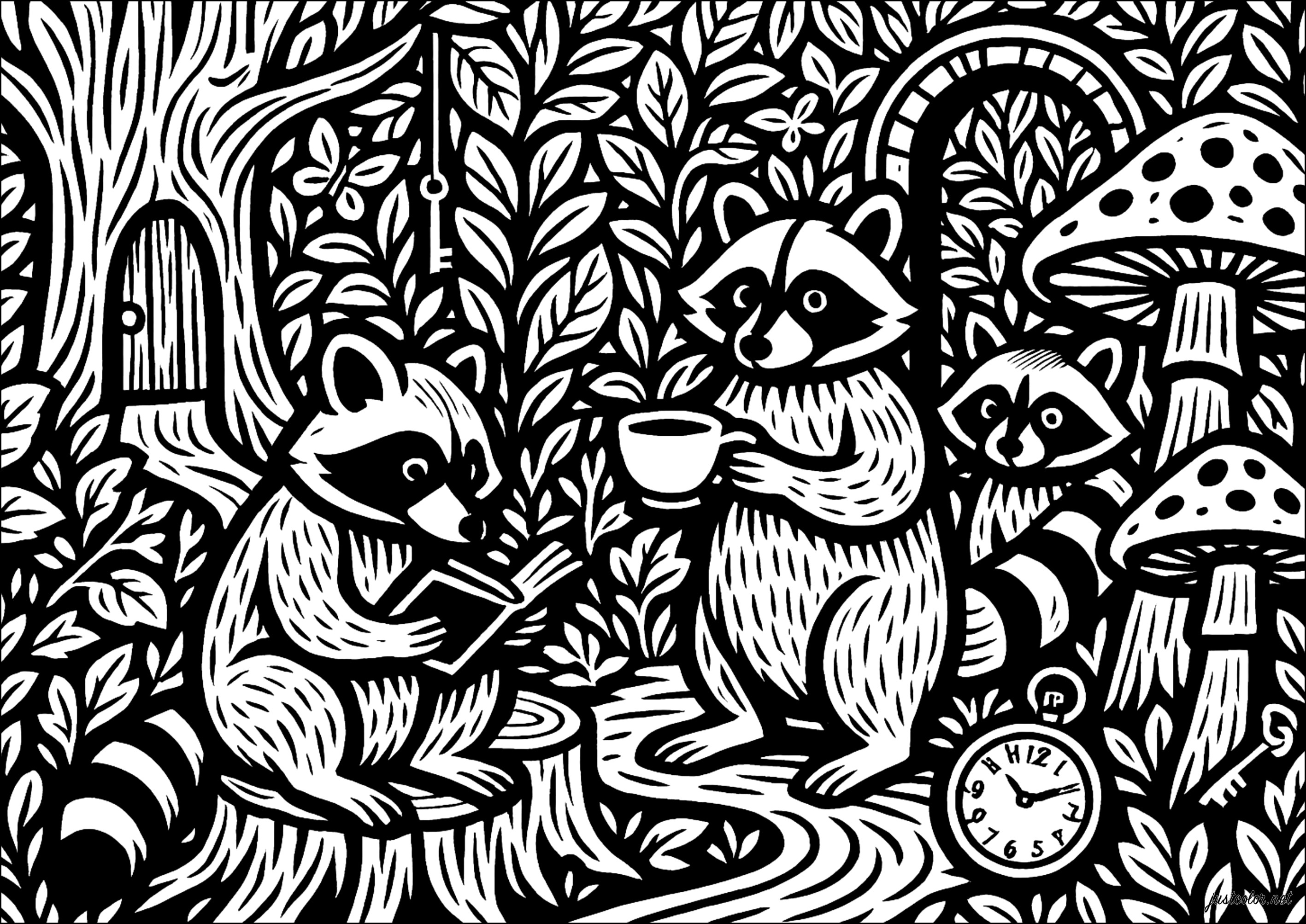 Waschbären Teezeit – Eine bezaubernde Waldpause (Ausmalbild von Waschbär zum Ausdrucken und Ausmalen für Erwachsene)