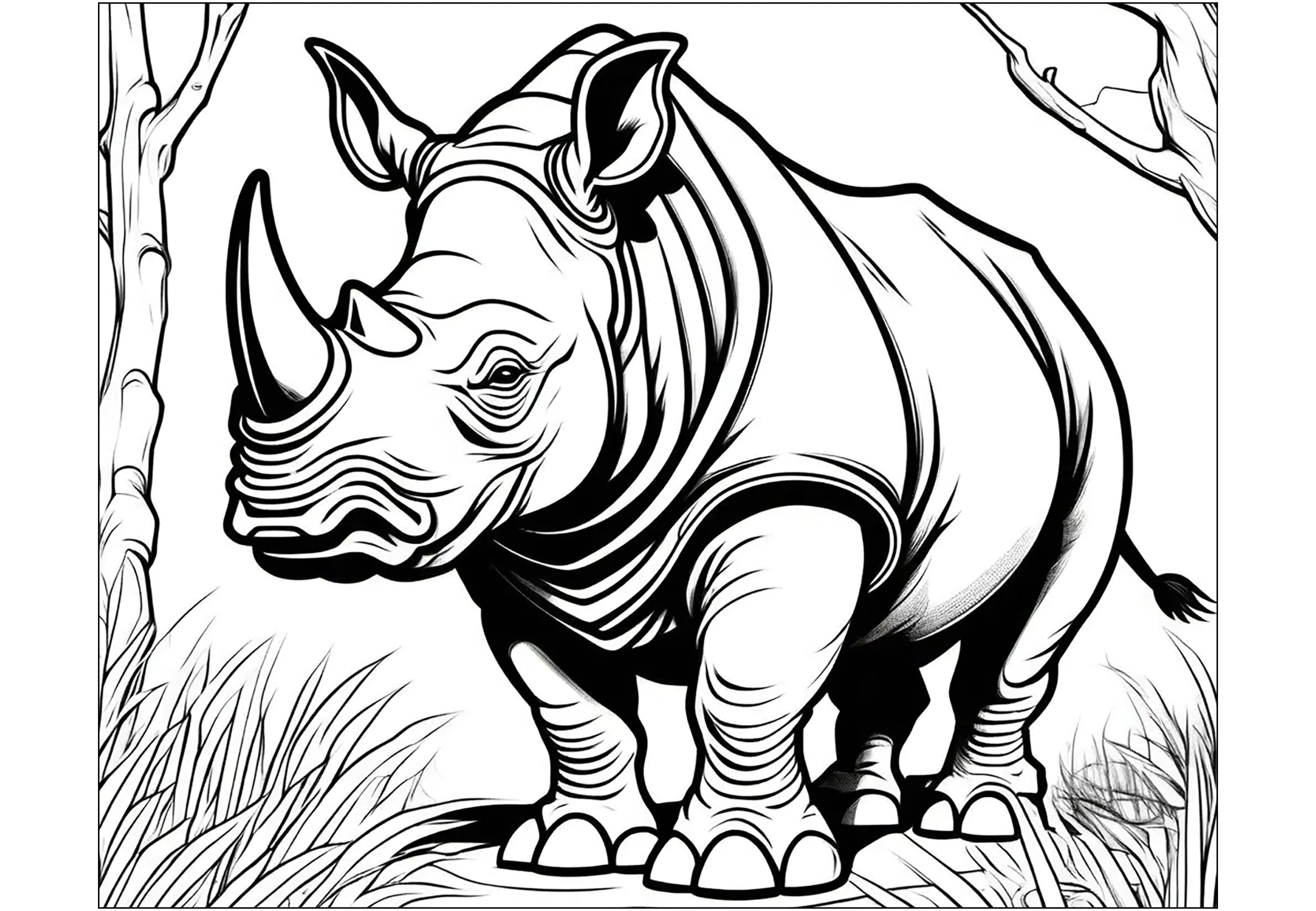 Rhinozeros mit dicken Linien (Ausmalbild von Nashorn zum Ausdrucken und Ausmalen für Erwachsene)