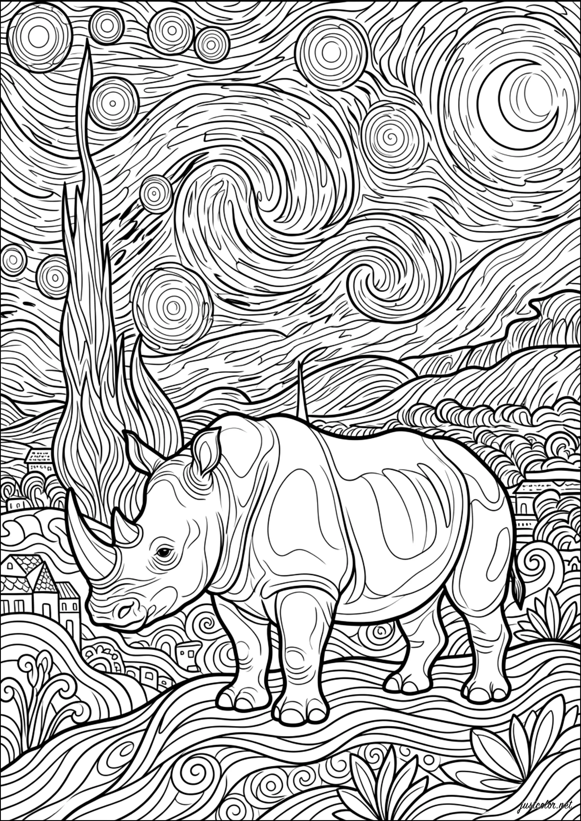 Nashorn, das unter einem Sternenhimmel steht (Ausmalbild zum Ausdrucken und Ausmalen für Erwachsene)